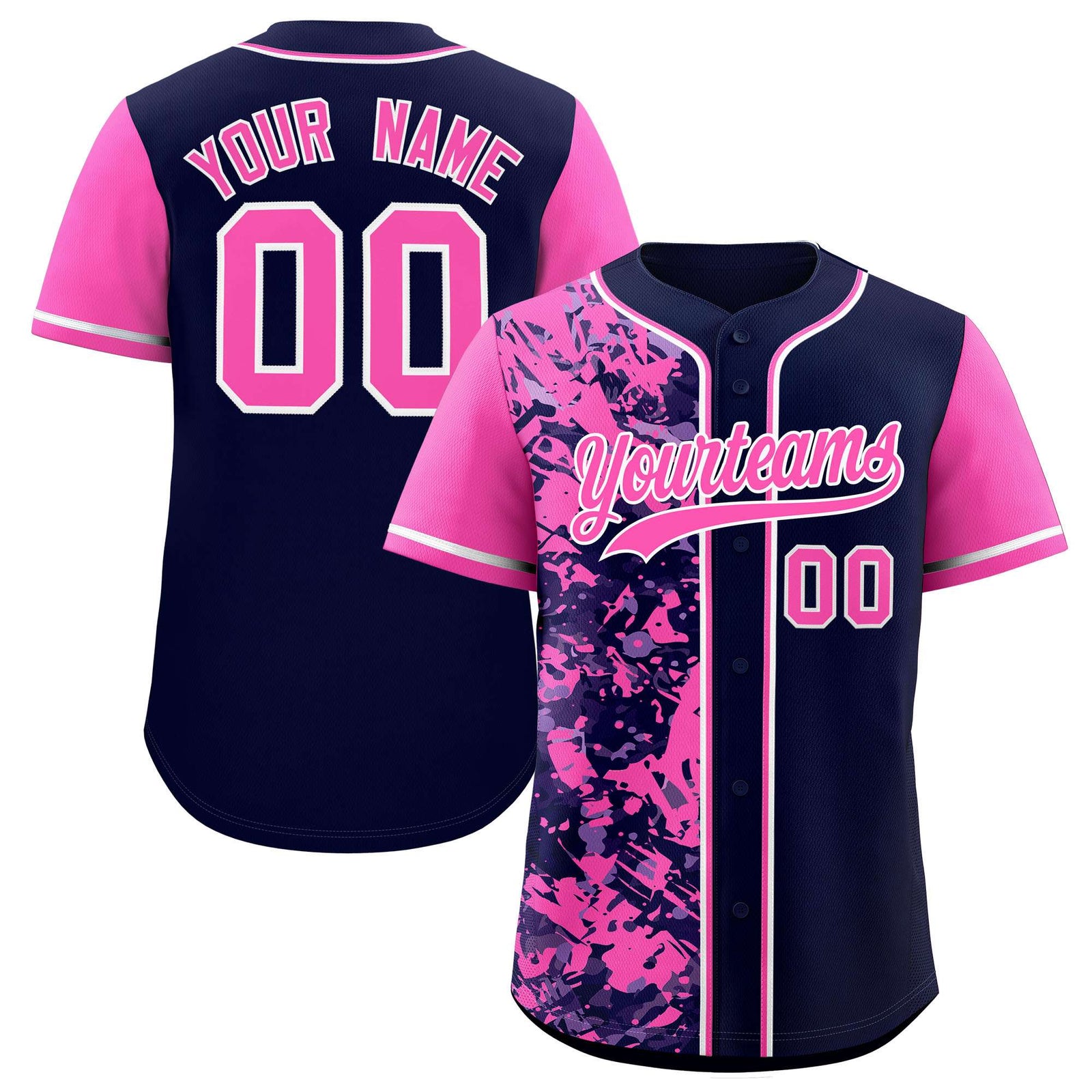 Custom Navy Pink Split Personalized Graffiti Raglan Sleeve Authentic Baseball Jersey