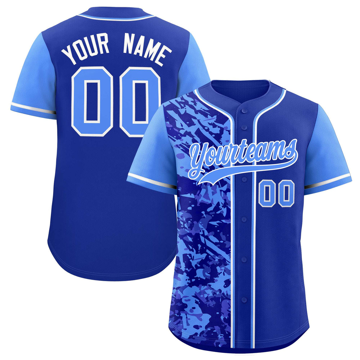 Custom Royal Blue Split Personalized Graffiti Raglan Sleeve Authentic Baseball Jersey