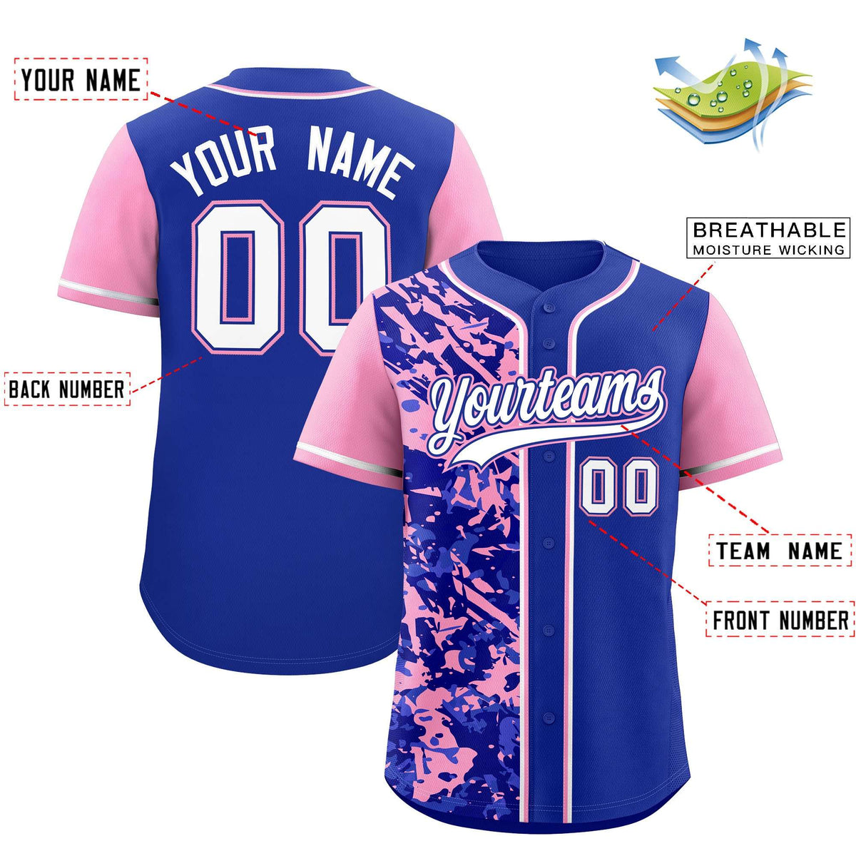Custom Royal Light Pink Split Personalized Graffiti Raglan Sleeve Authentic Baseball Jersey