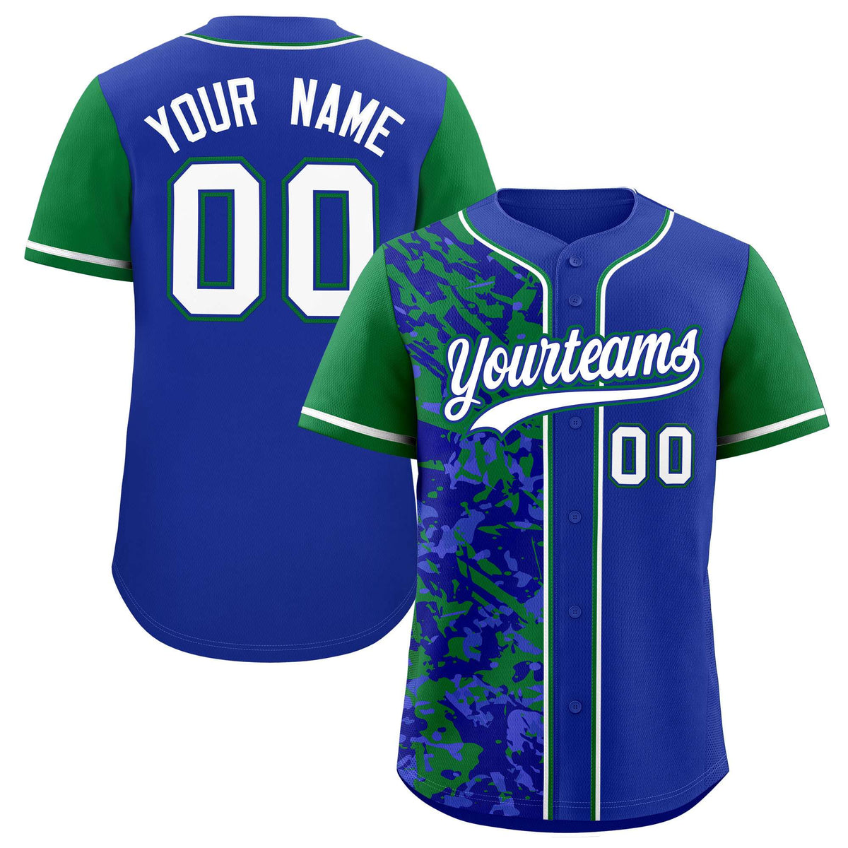 Custom Royal Green Split Personalized Graffiti Raglan Sleeve Authentic Baseball Jersey