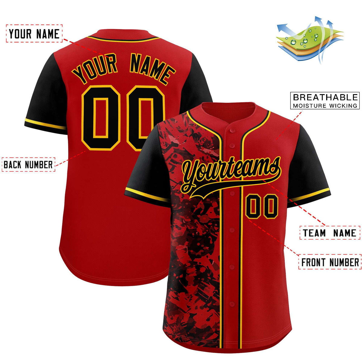 Custom Red Black Split Personalized Graffiti Raglan Sleeve Authentic Baseball Jersey