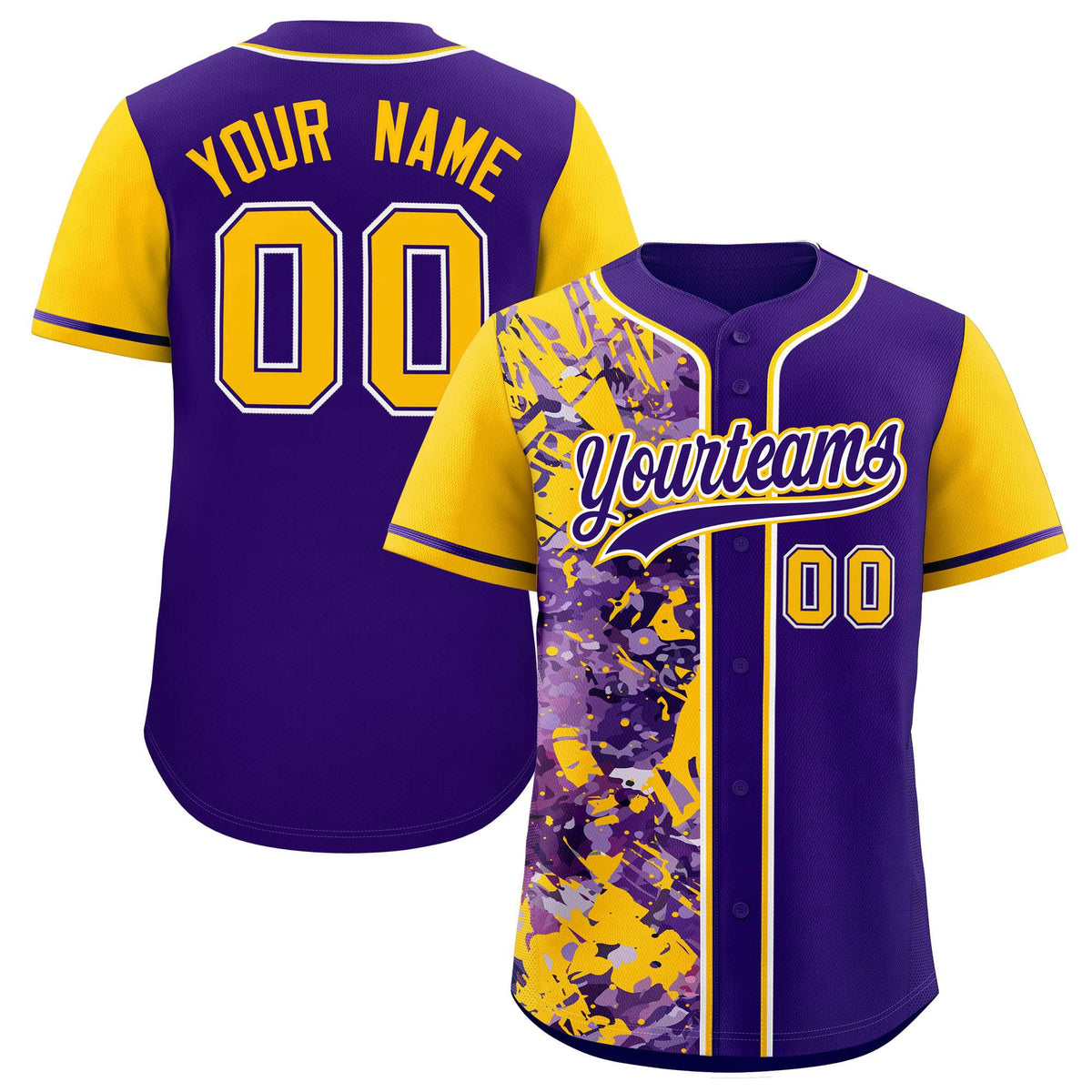 Custom Purple Yellow Split Personalized Graffiti Raglan Sleeve Authentic Baseball Jersey