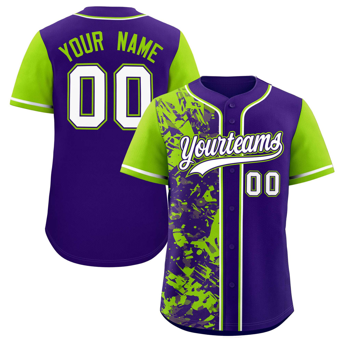 Custom Purple Neon Green Split Personalized Graffiti Raglan Sleeve Authentic Baseball Jersey