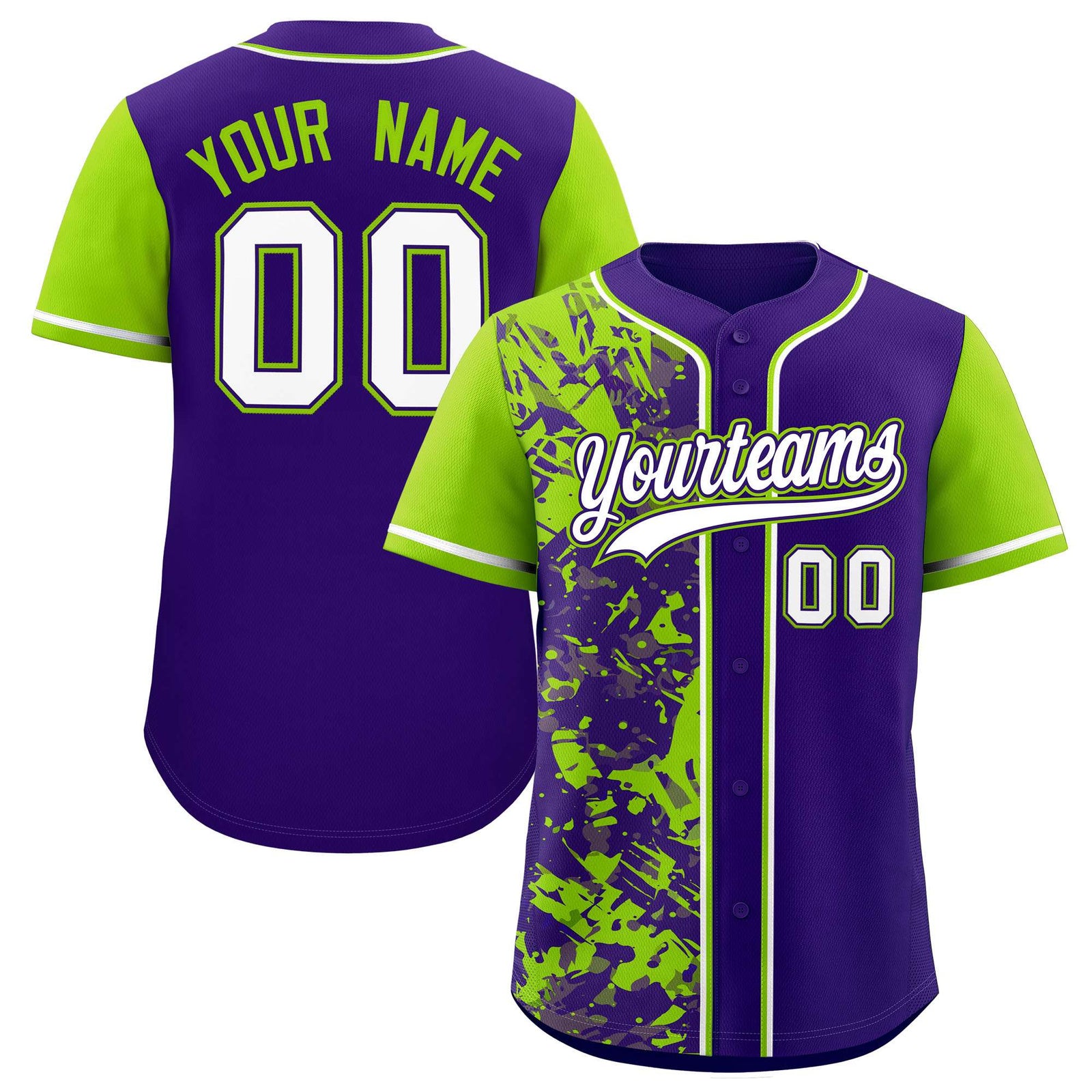 Custom Purple Neon Green Split Personalized Graffiti Raglan Sleeve Authentic Baseball Jersey