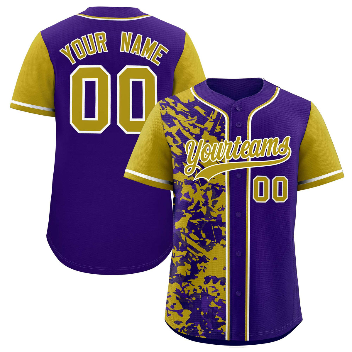 Custom Purple Old Gold Split Personalized Graffiti Raglan Sleeve Authentic Baseball Jersey