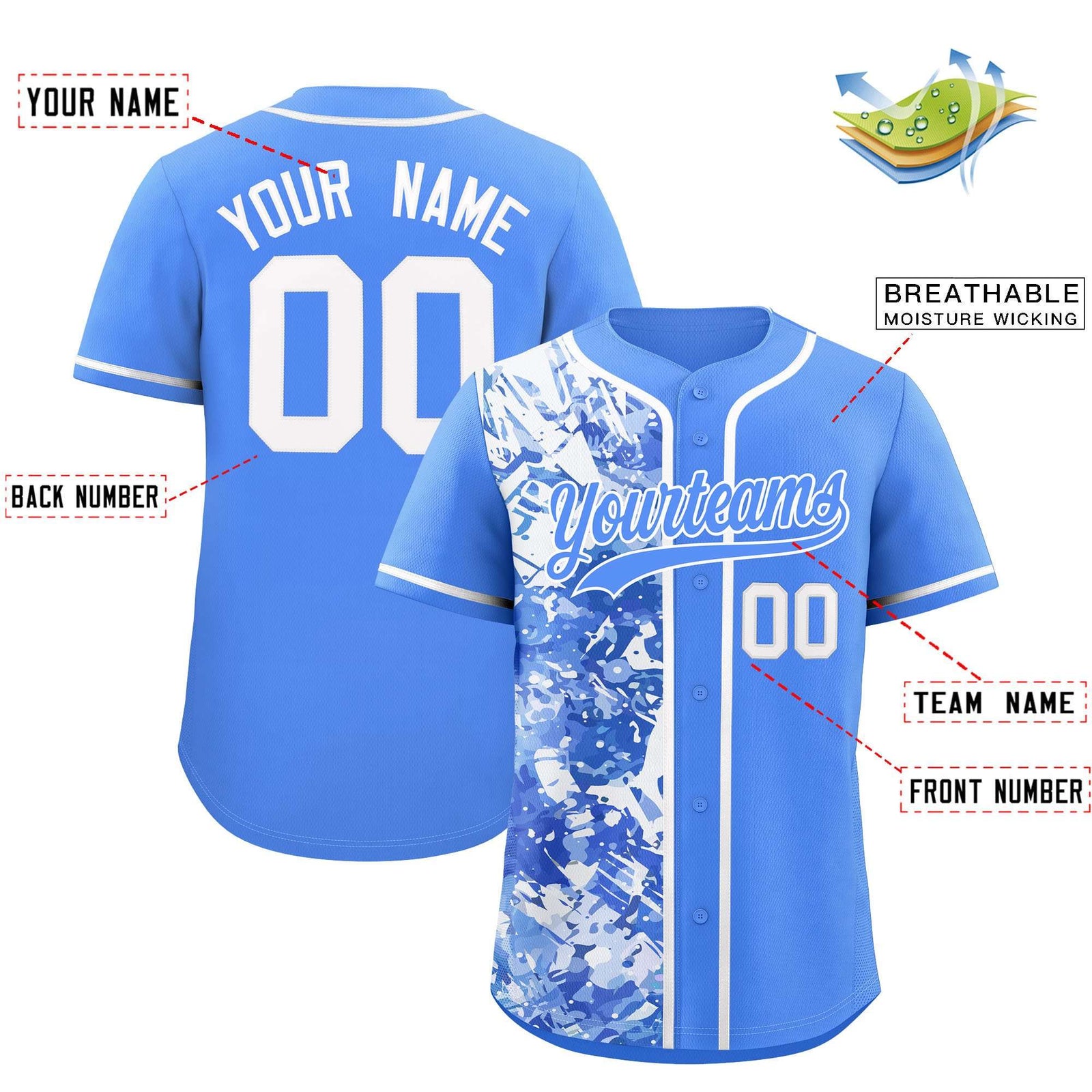 Custom Blue White Split Personalized Graffiti Raglan Sleeve Authentic Baseball Jersey