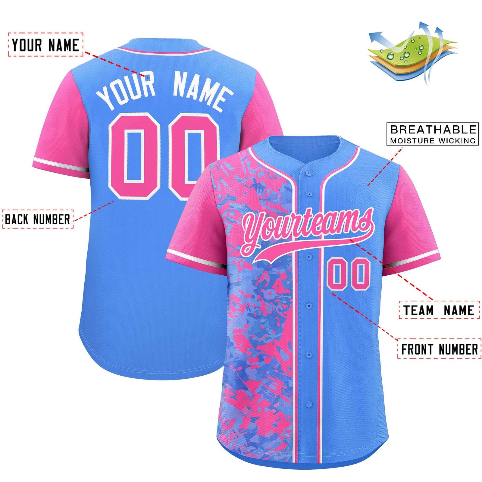 Custom Blue Pink Split Personalized Graffiti Raglan Sleeve Authentic Baseball Jersey