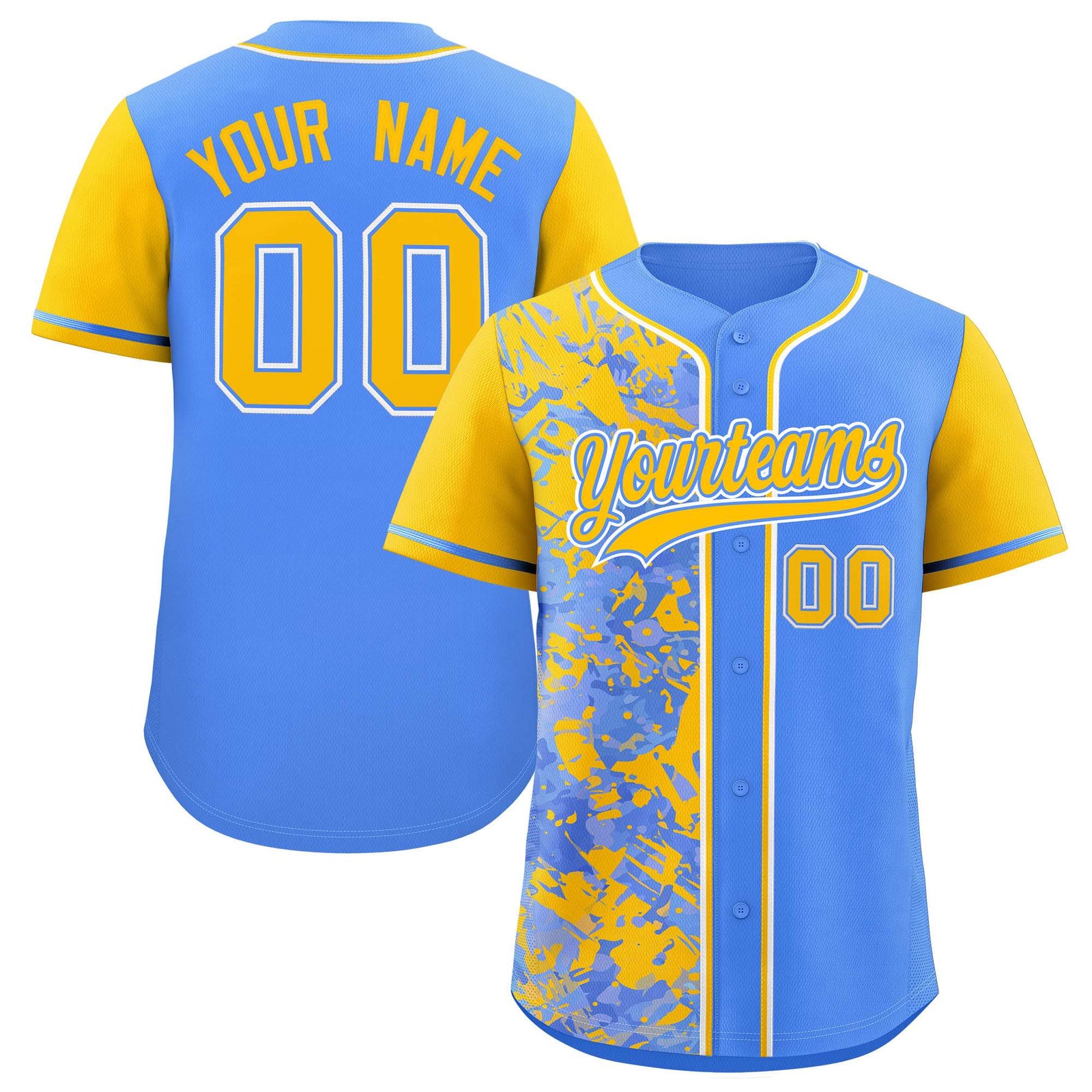 Custom Blue Yellow Split Personalized Graffiti Raglan Sleeve Authentic Baseball Jersey