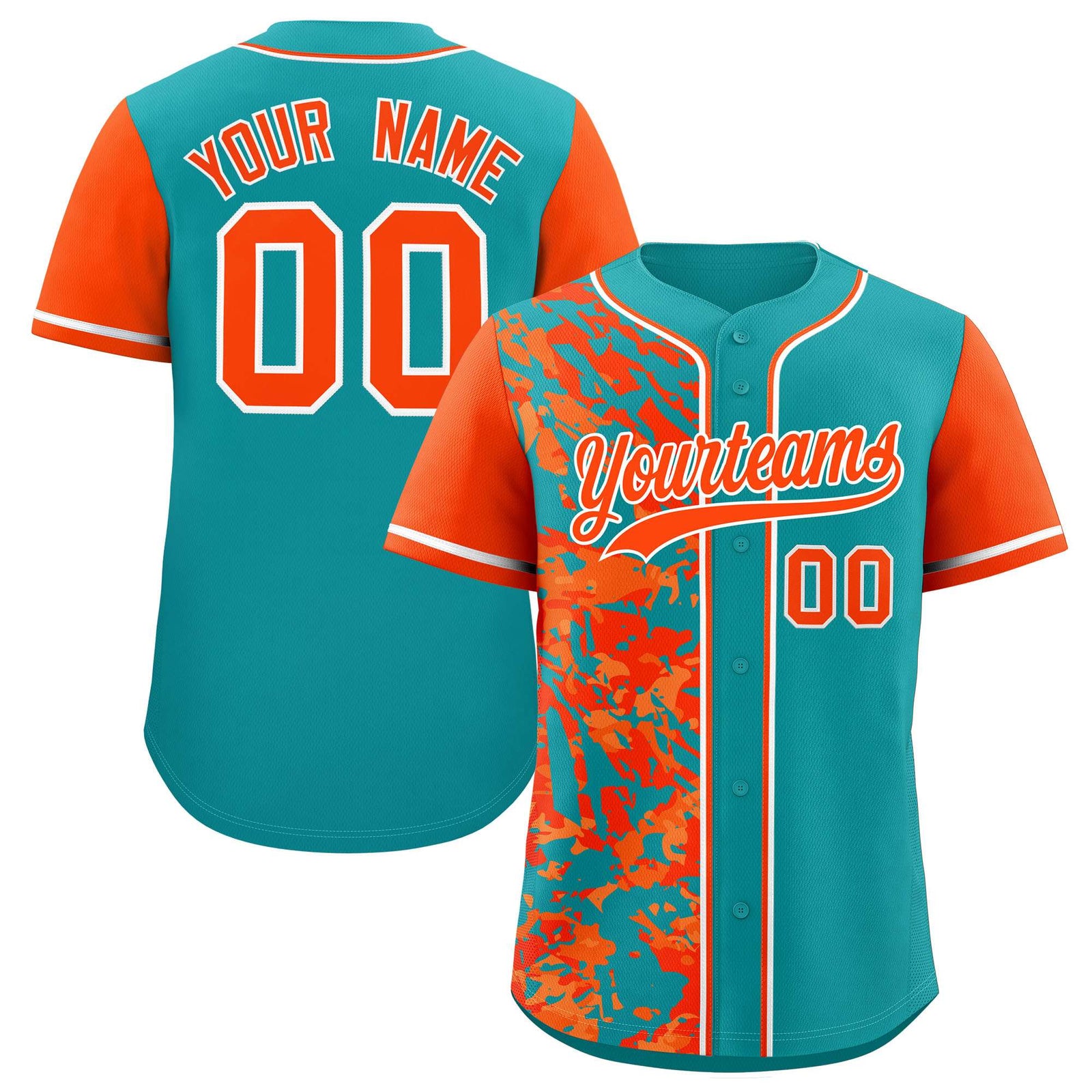 Custom Aqua Orange Split Personalized Graffiti Raglan Sleeve Authentic Baseball Jersey