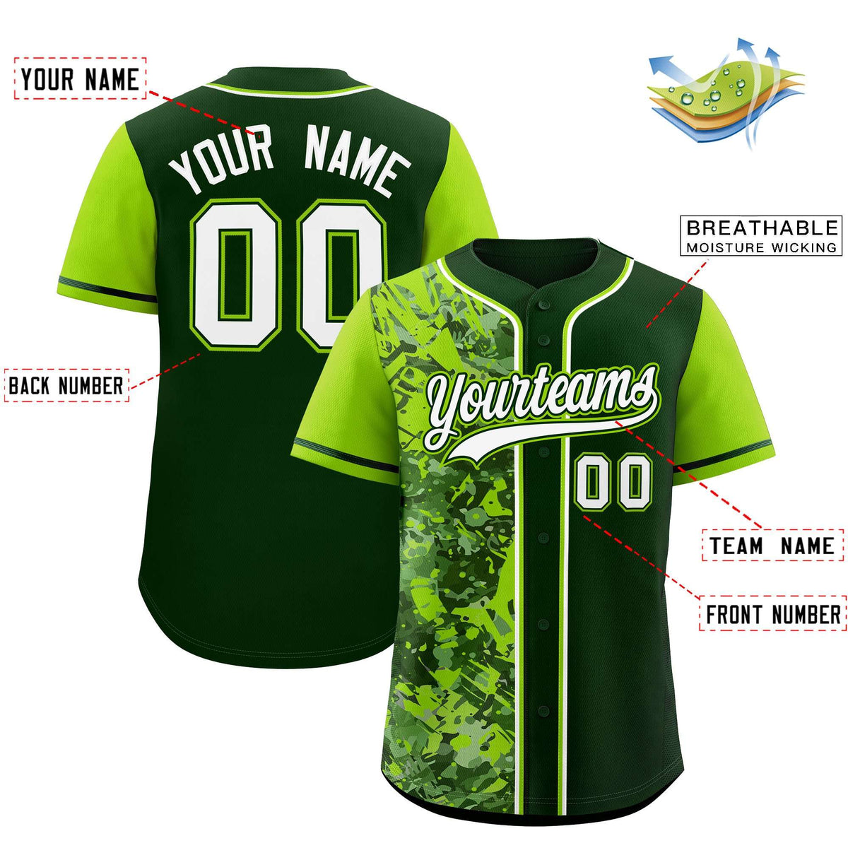 Custom Green Neon Green Split Personalized Graffiti Raglan Sleeve Authentic Baseball Jersey