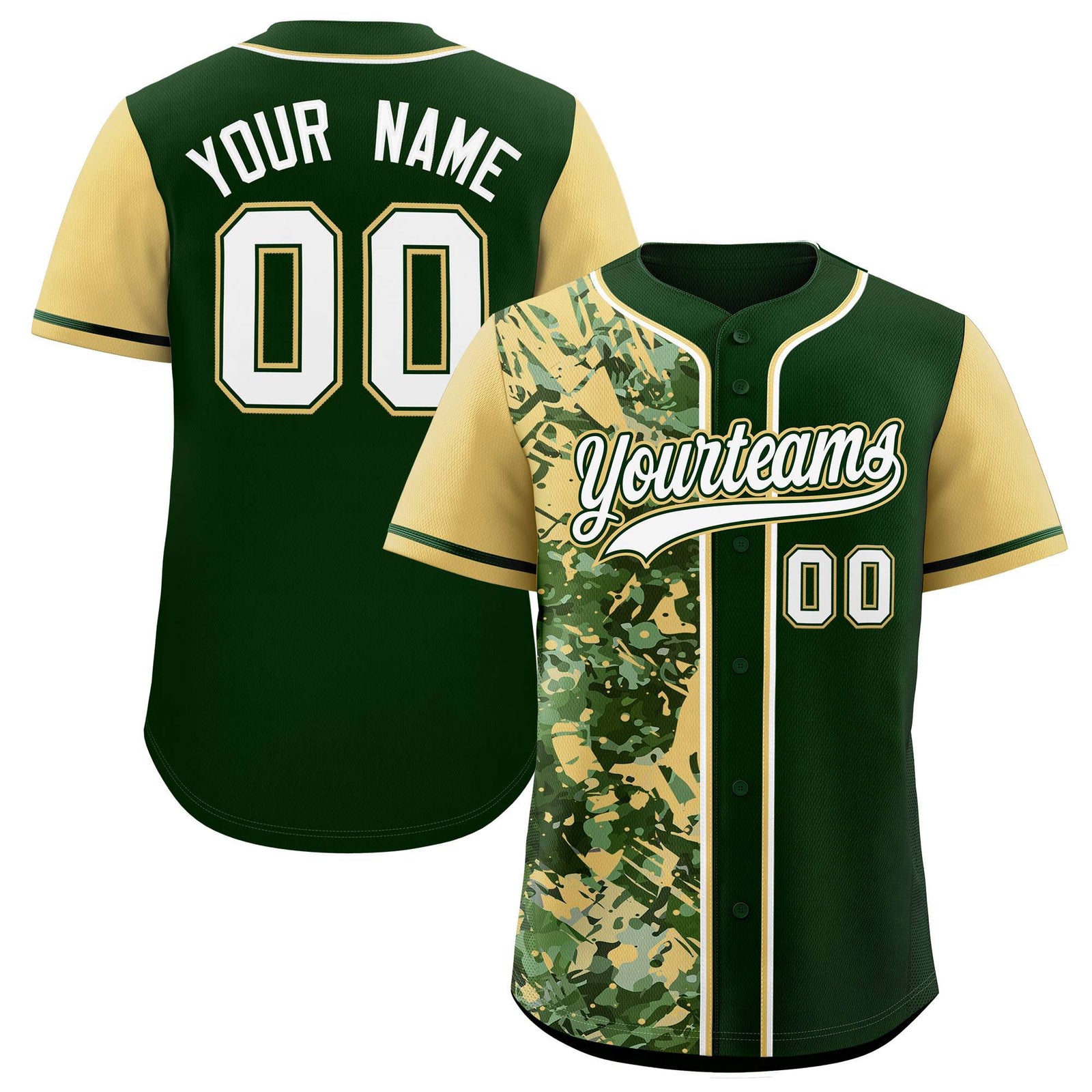 Custom Green Khaki Split Personalized Graffiti Raglan Sleeve Authentic Baseball Jersey
