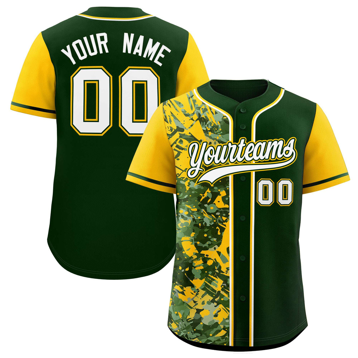 Custom Green Yellow Split Personalized Graffiti Raglan Sleeve Authentic Baseball Jersey