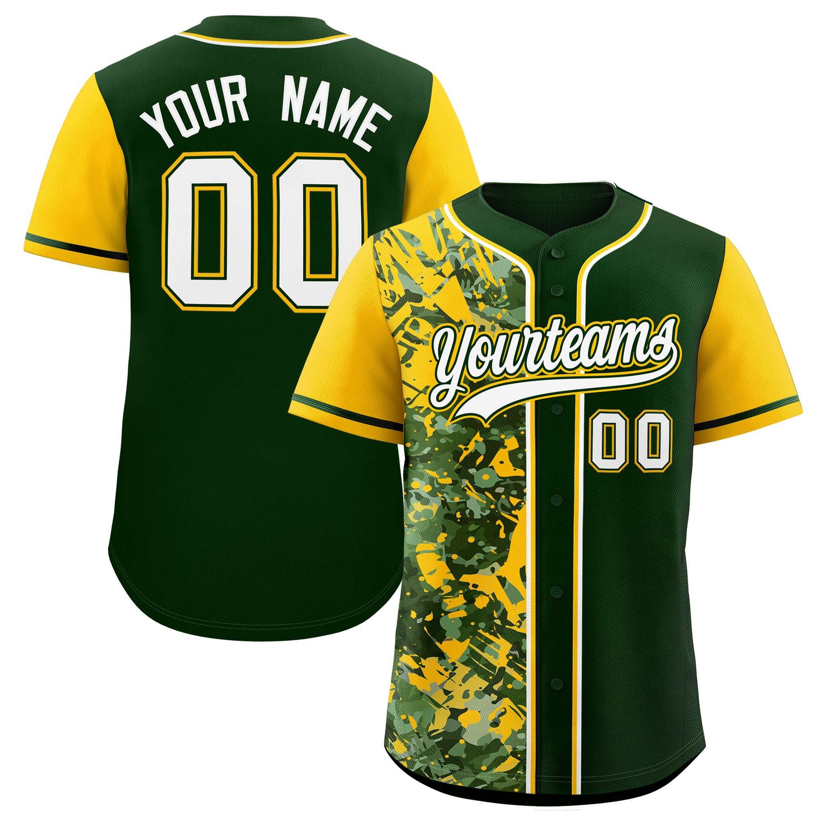 Custom Green Yellow Split Personalized Graffiti Raglan Sleeve Authentic Baseball Jersey