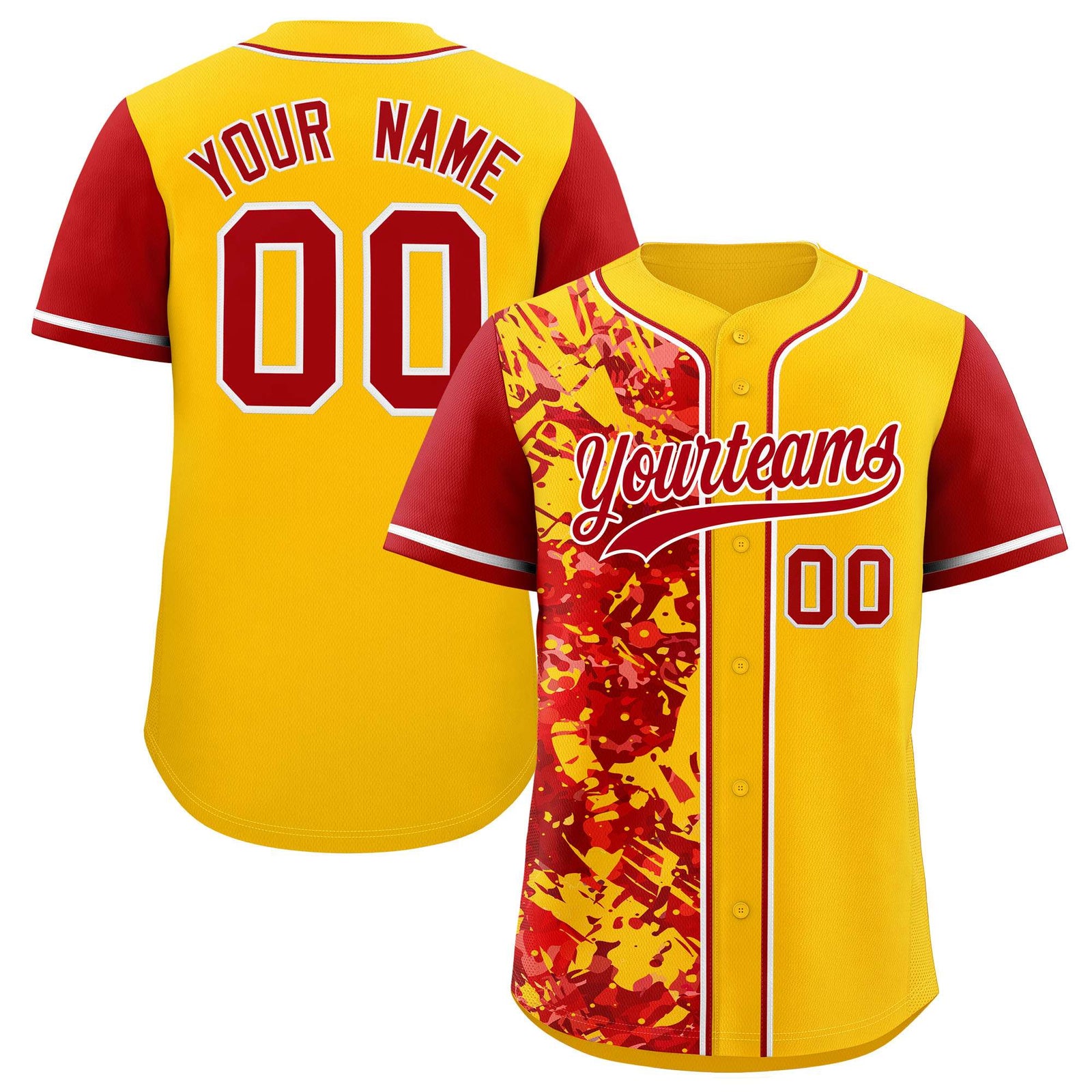 Custom Yellow Red Split Personalized Graffiti Raglan Sleeve Authentic Baseball Jersey
