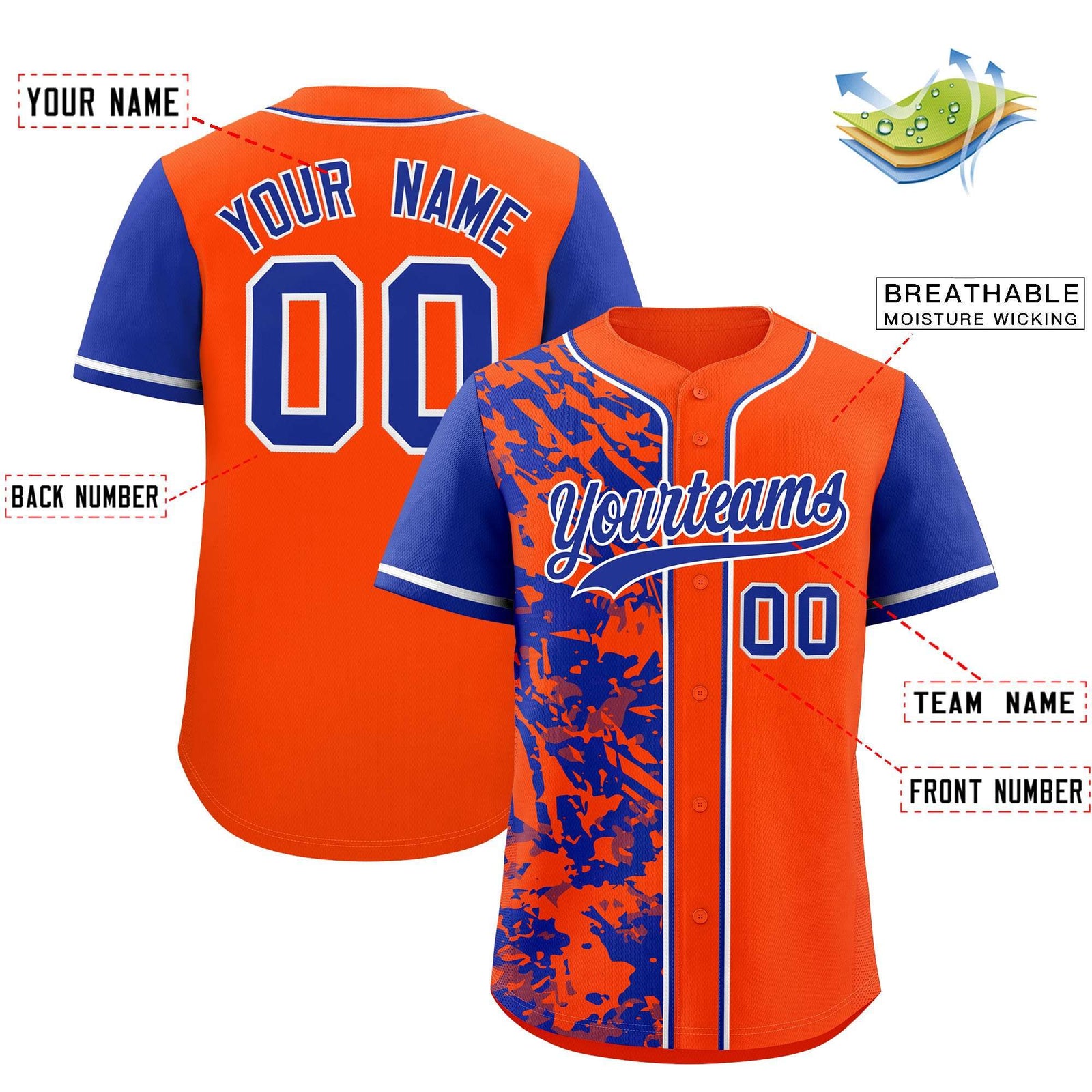 Custom Orange Royal Split Personalized Graffiti Raglan Sleeve Authentic Baseball Jersey