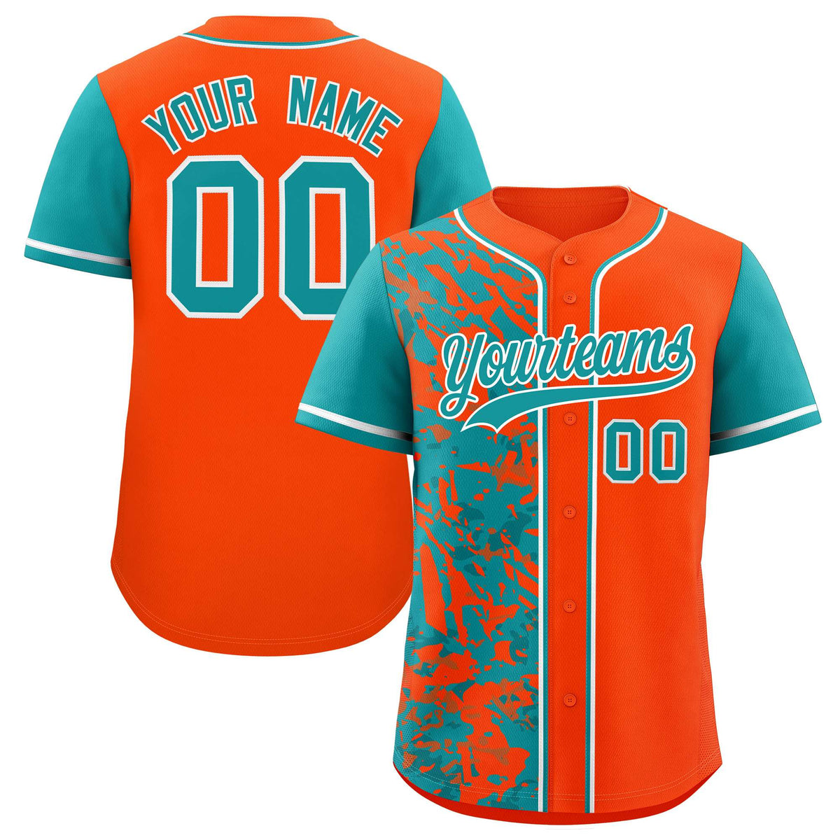Custom Orange Aqua Split Personalized Graffiti Raglan Sleeve Authentic Baseball Jersey