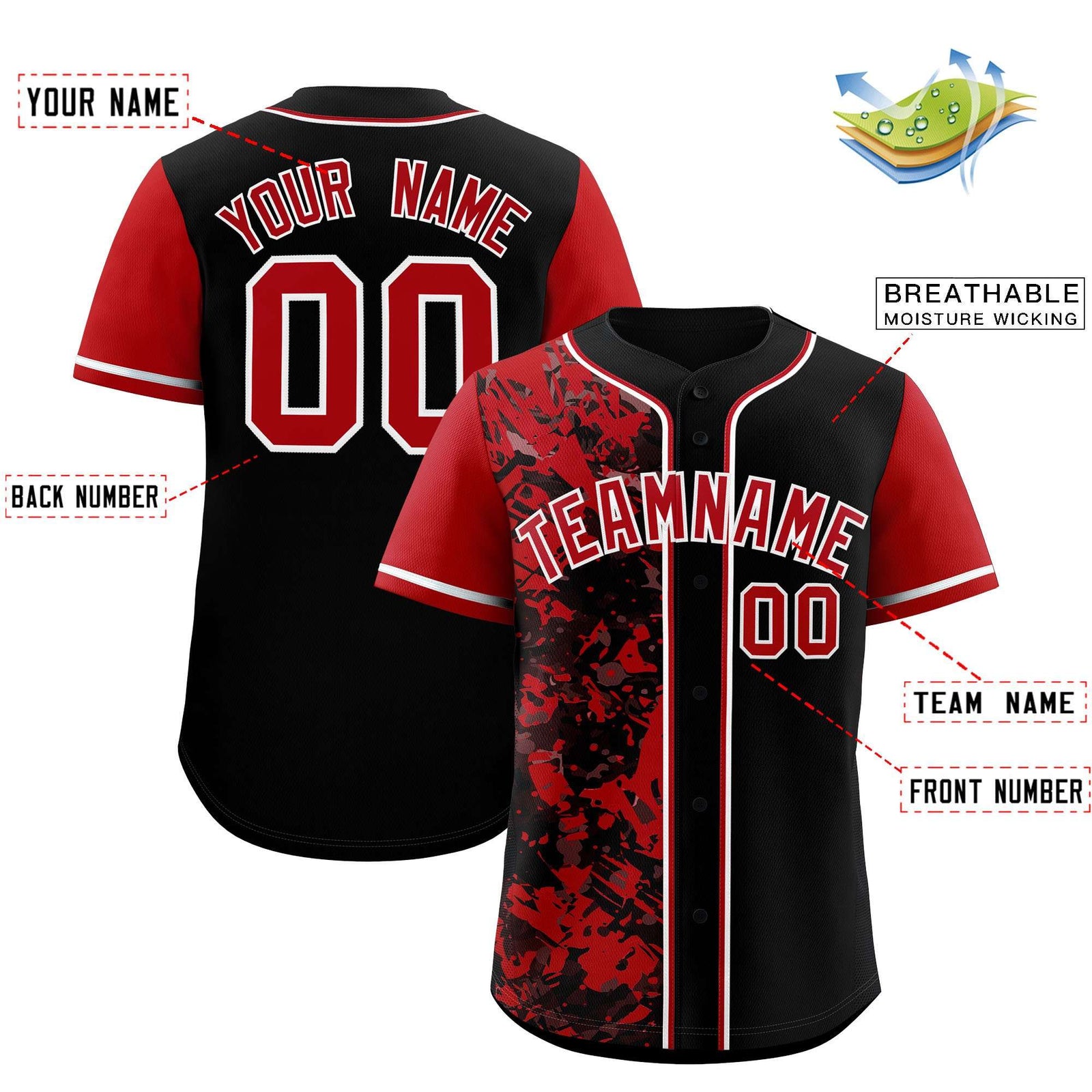 Custom Black Red Split Personalized Graffiti Raglan Sleeve Authentic Baseball Jersey