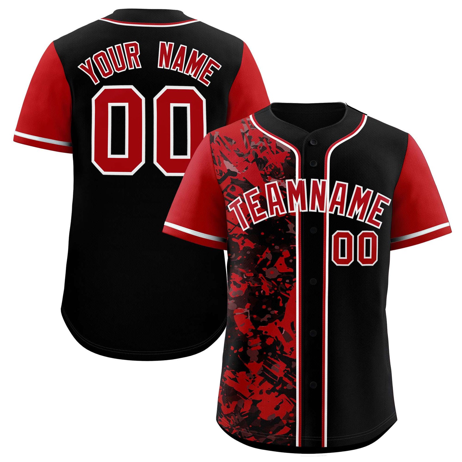 Custom Black Red Split Personalized Graffiti Raglan Sleeve Authentic Baseball Jersey
