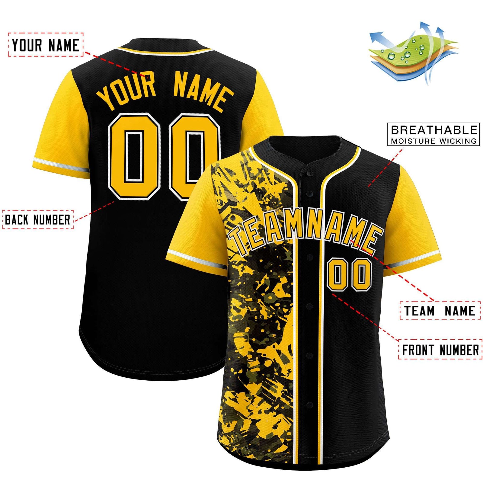 Custom Black Yellow Split Personalized Graffiti Raglan Sleeve Authentic Baseball Jersey