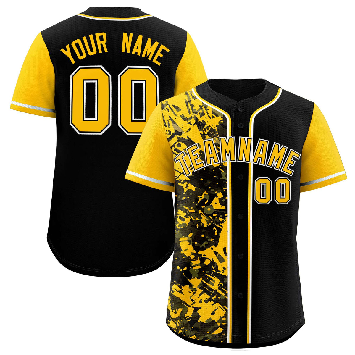 Custom Black Yellow Split Personalized Graffiti Raglan Sleeve Authentic Baseball Jersey