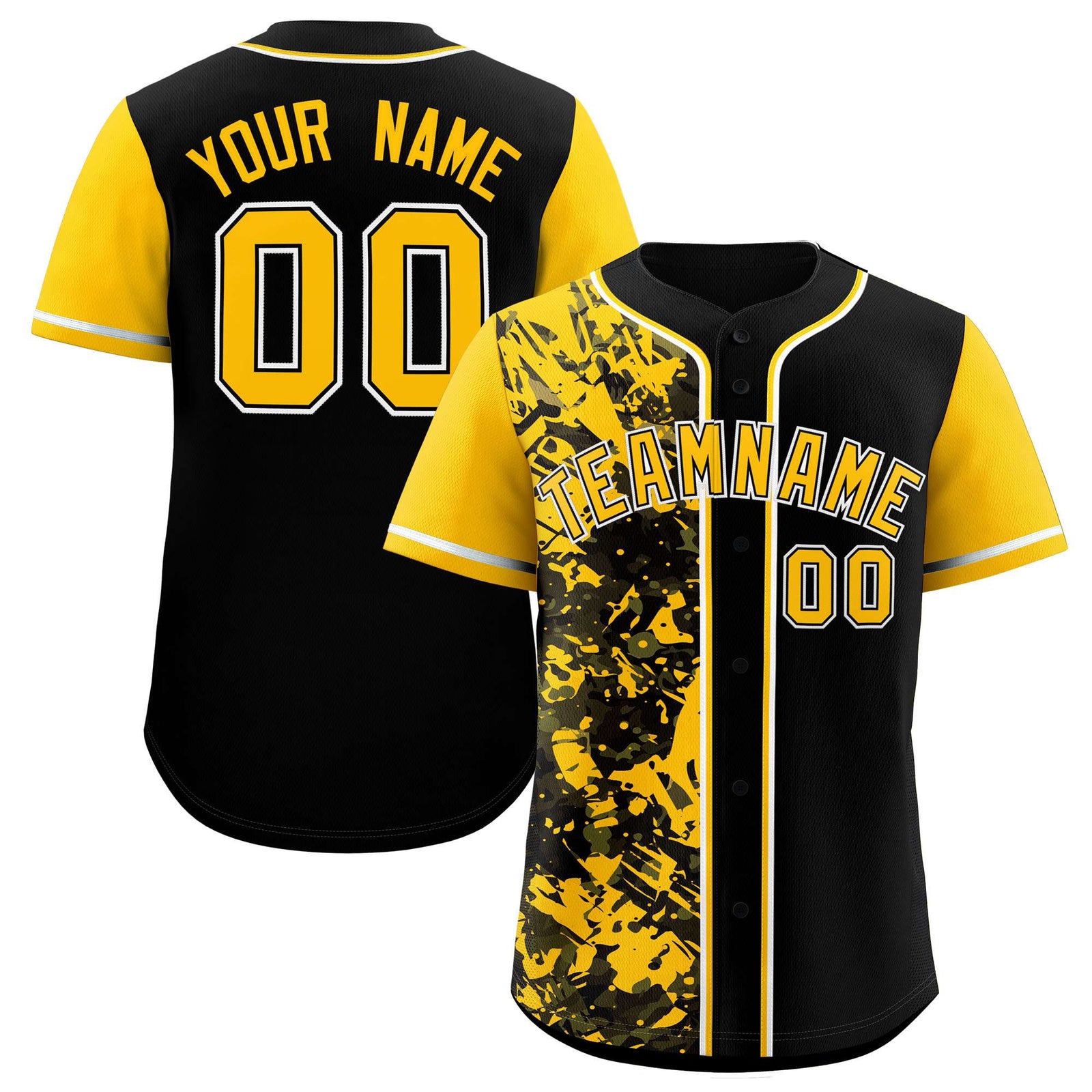 Custom Black Yellow Split Personalized Graffiti Raglan Sleeve Authentic Baseball Jersey