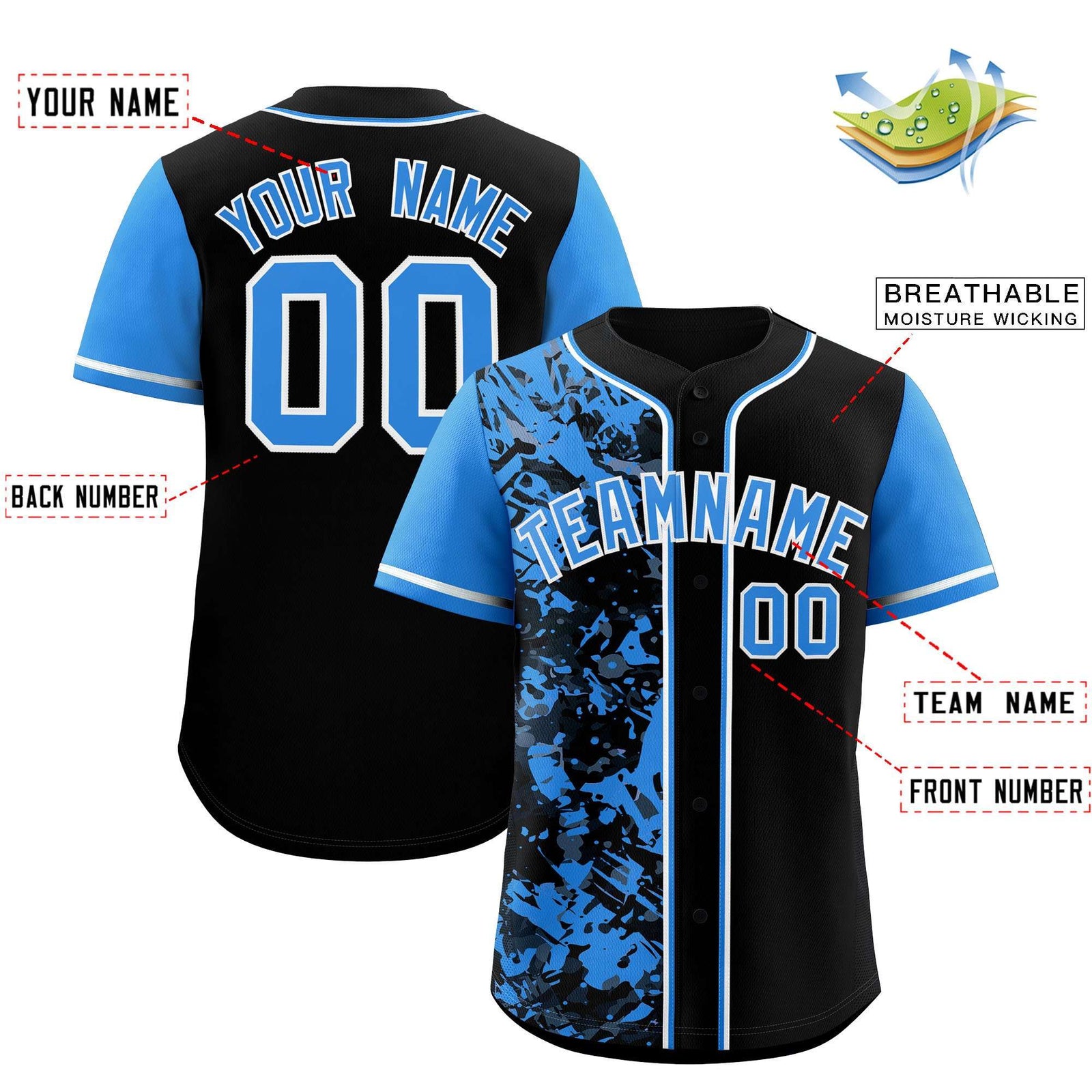 Custom Black Blue Split Personalized Graffiti Raglan Sleeve Authentic Baseball Jersey