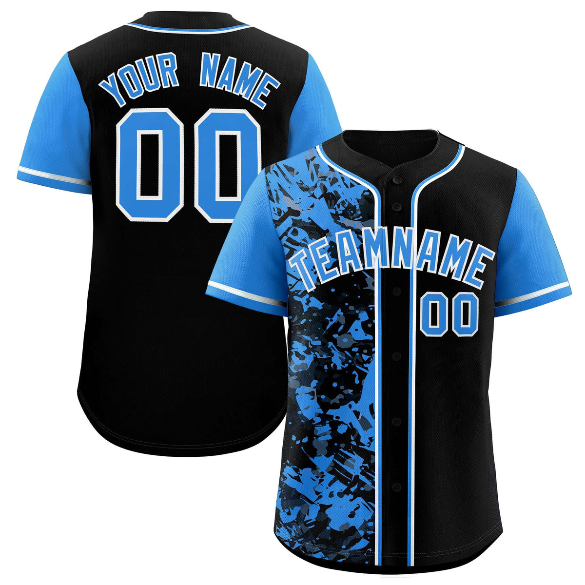 Custom Black Blue Split Personalized Graffiti Raglan Sleeve Authentic Baseball Jersey