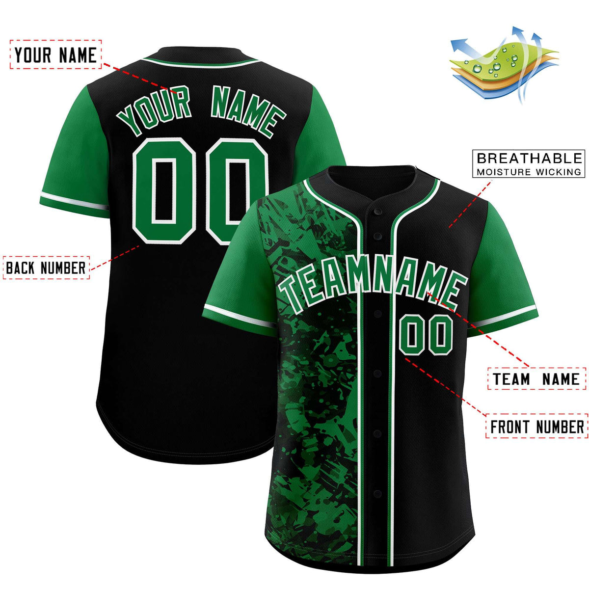 Custom Black Green Split Personalized Graffiti Raglan Sleeve Authentic Baseball Jersey