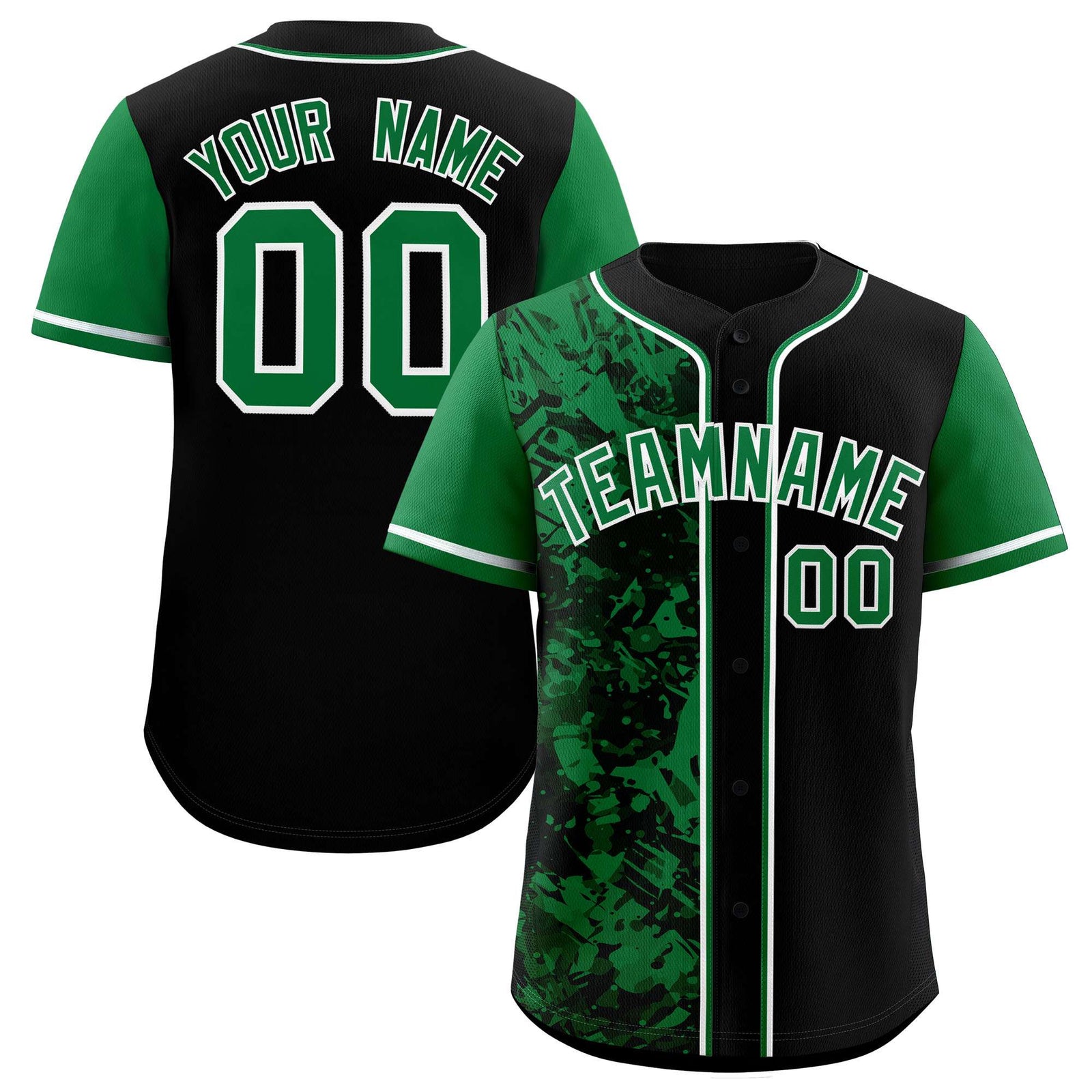 Custom Black Green Split Personalized Graffiti Raglan Sleeve Authentic Baseball Jersey