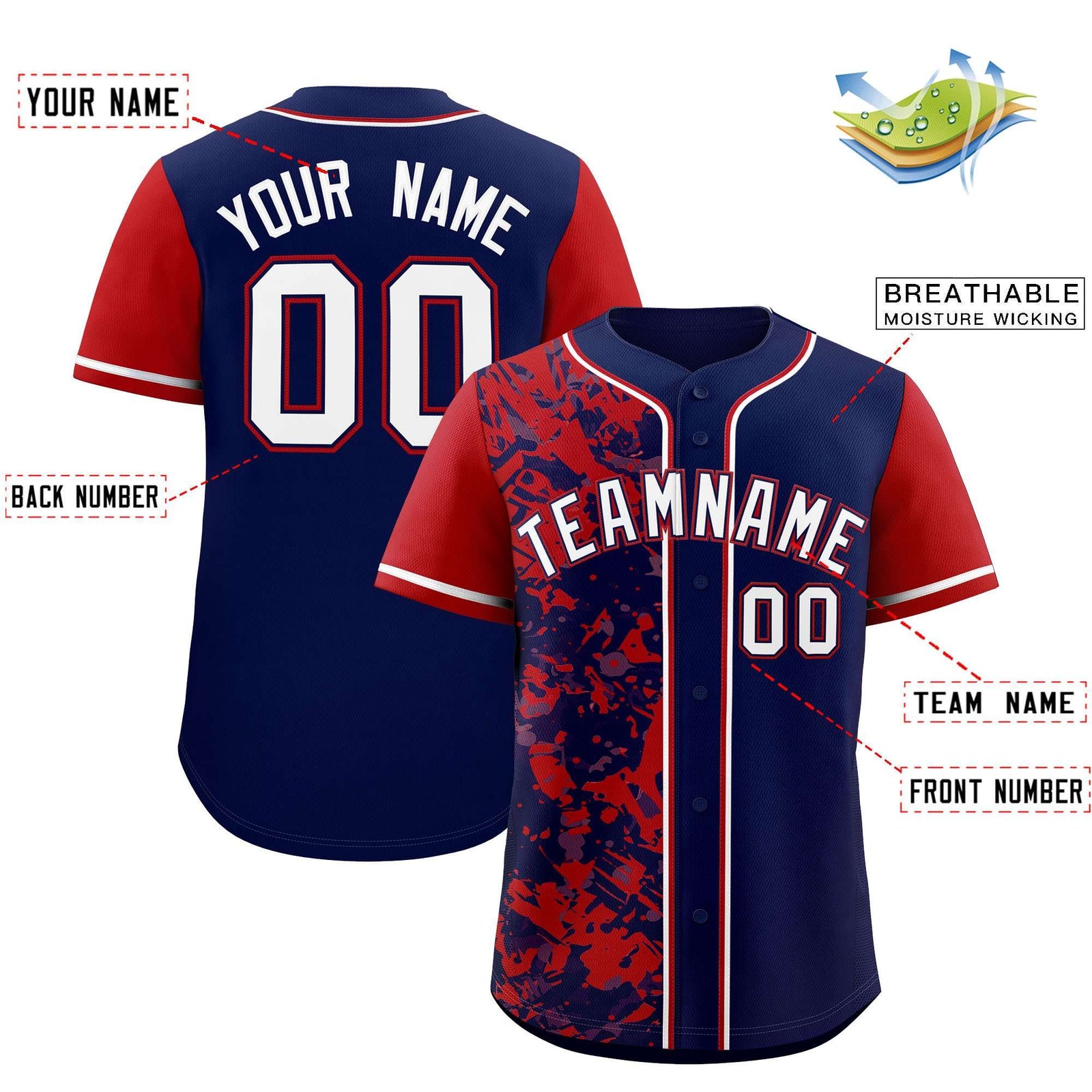 Custom Navy Red Split Personalized Graffiti Raglan Sleeve Authentic Baseball Jersey