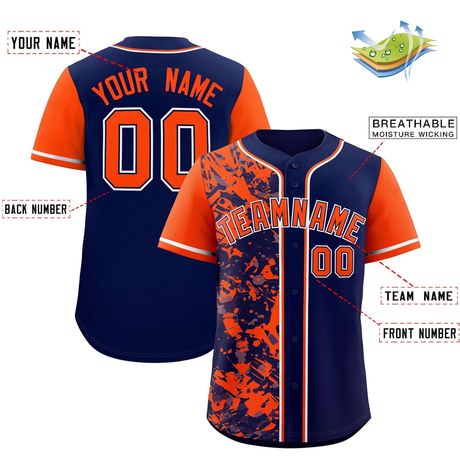 Custom Navy Orange Split Personalized Graffiti Raglan Sleeve Authentic Baseball Jersey