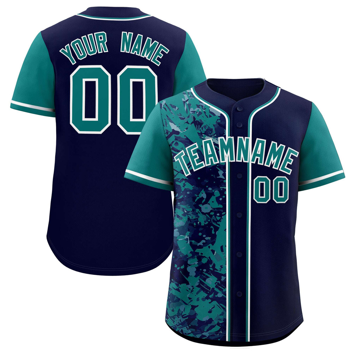 Custom Navy Aqua Split Personalized Graffiti Raglan Sleeve Authentic Baseball Jersey