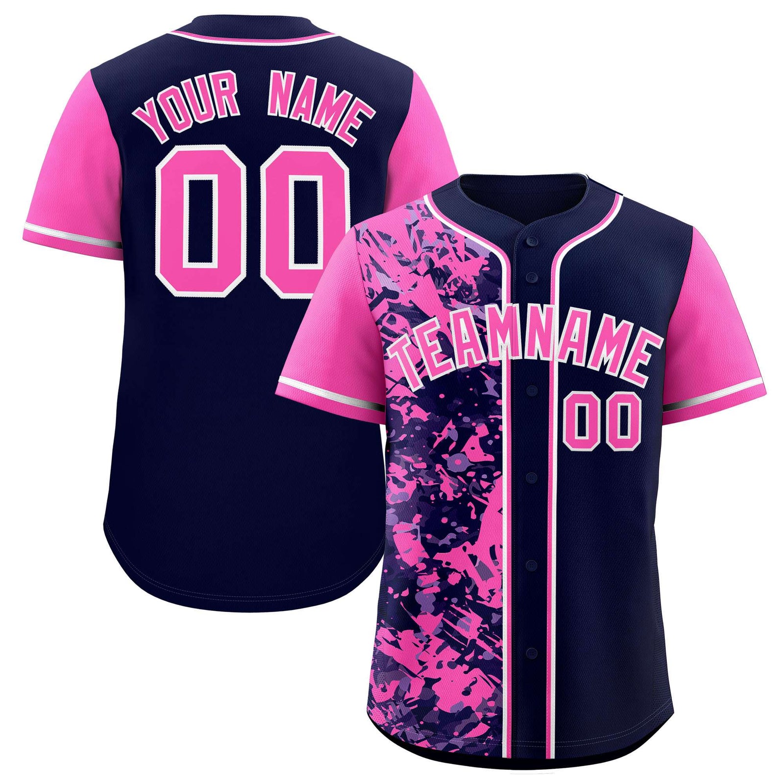 Custom Navy Pink Split Personalized Graffiti Raglan Sleeve Authentic Baseball Jersey