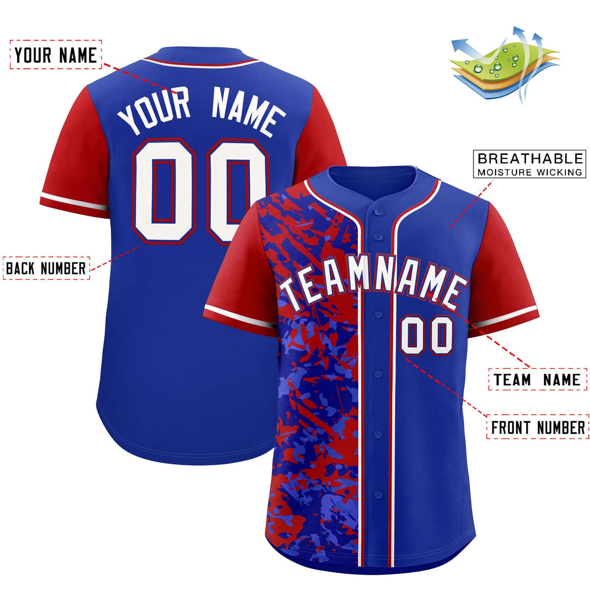Custom Royal Red Split Personalized Graffiti Raglan Sleeve Authentic Baseball Jersey