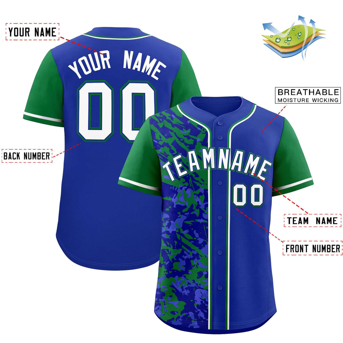 Custom Royal Green Split Personalized Graffiti Raglan Sleeve Authentic Baseball Jersey