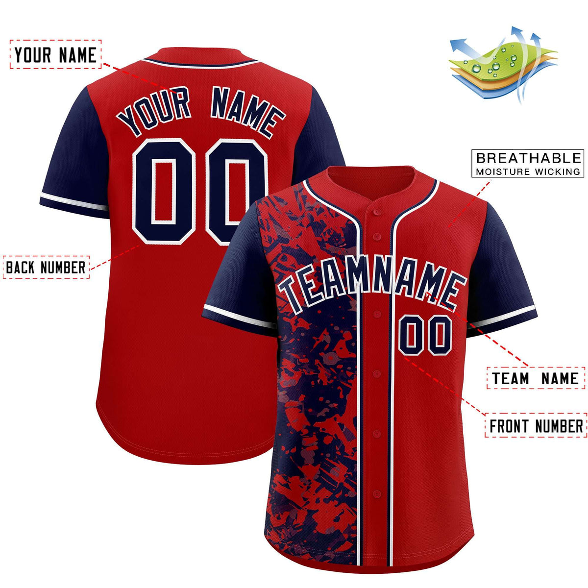 Custom Red Navy Split Personalized Graffiti Raglan Sleeve Authentic Baseball Jersey