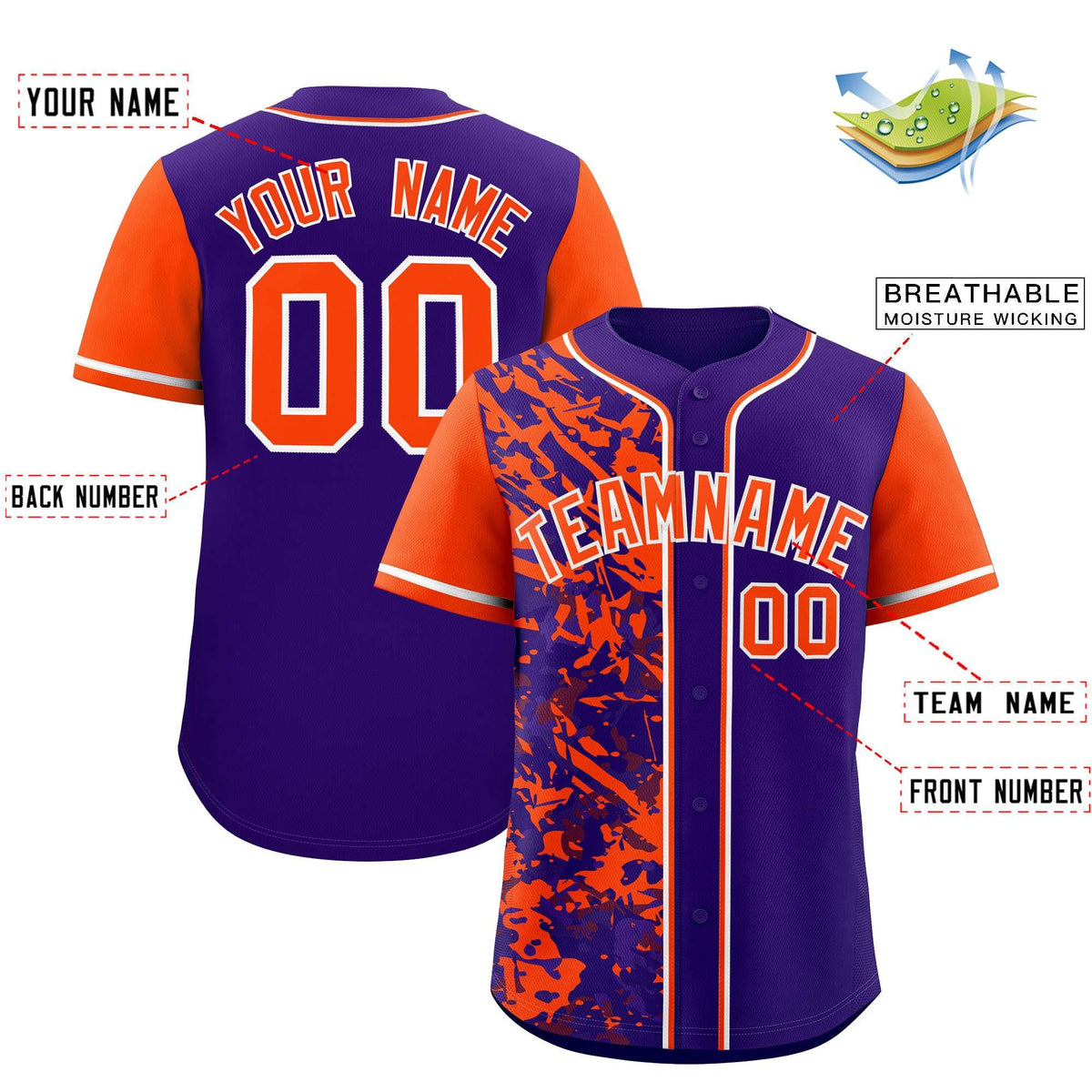 Custom Purple Orange Split Personalized Graffiti Raglan Sleeve Authentic Baseball Jersey