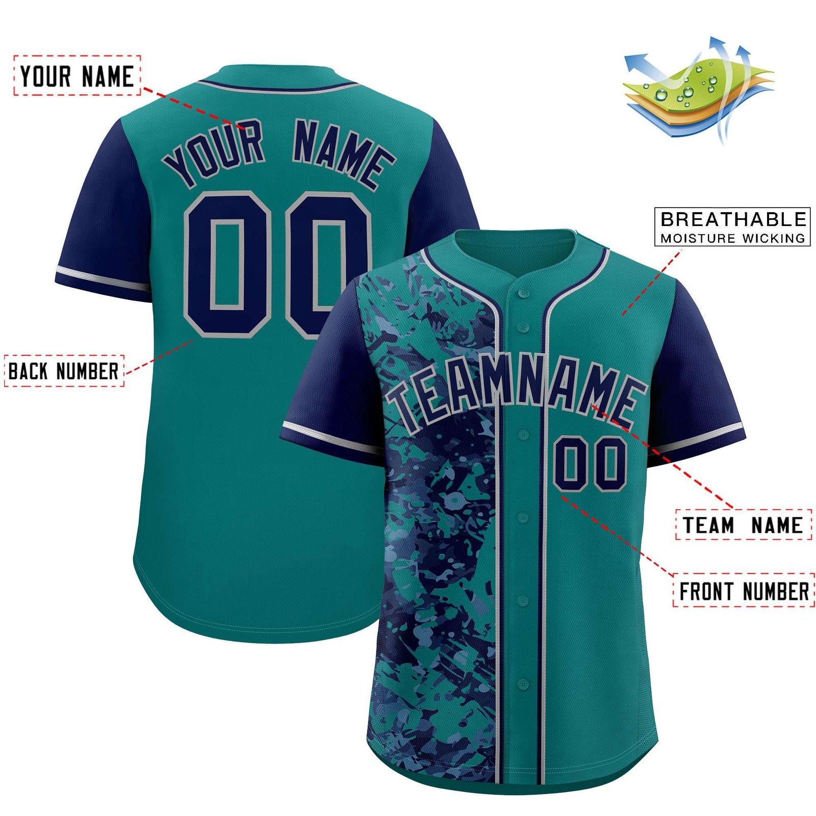 Custom Aqua Navy Split Personalized Graffiti Raglan Sleeve Authentic Baseball Jersey