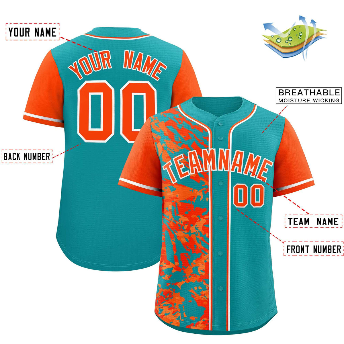 Custom Aqua Orange Split Personalized Graffiti Raglan Sleeve Authentic Baseball Jersey