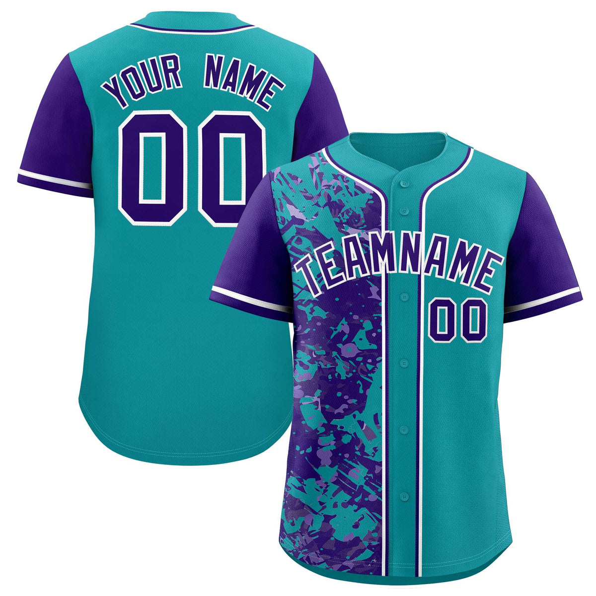Custom Teal Purple Split Personalized Graffiti Raglan Sleeve Authentic Baseball Jersey