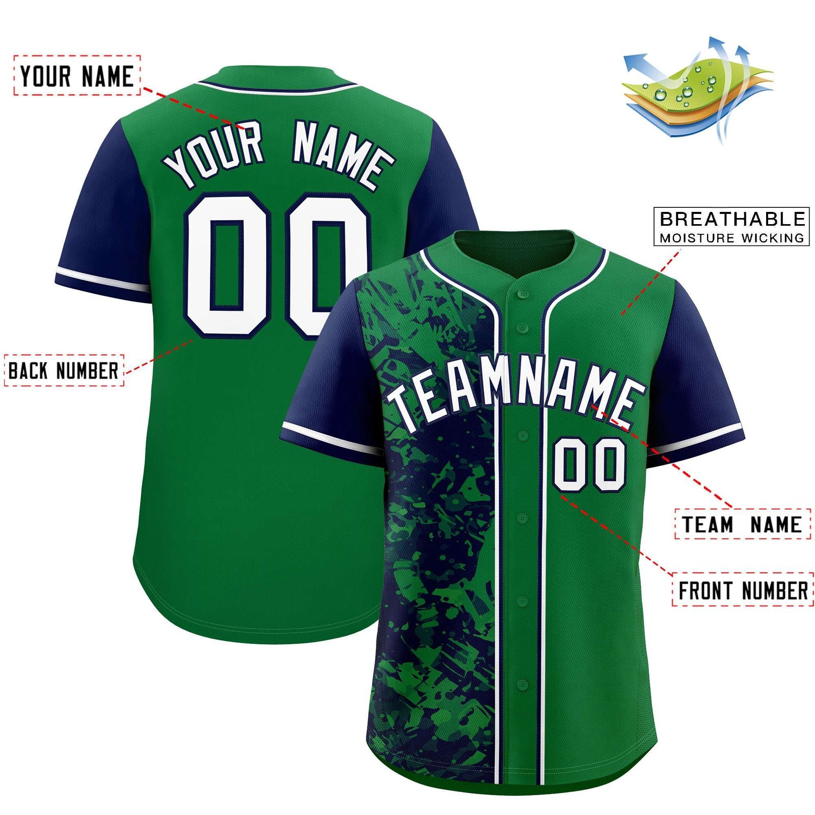 Custom Green Navy Split Personalized Graffiti Raglan Sleeve Authentic Baseball Jersey