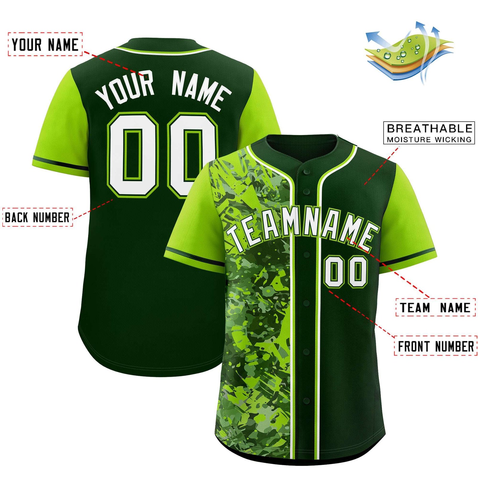 Custom Green Neon Green Split Personalized Graffiti Raglan Sleeve Authentic Baseball Jersey