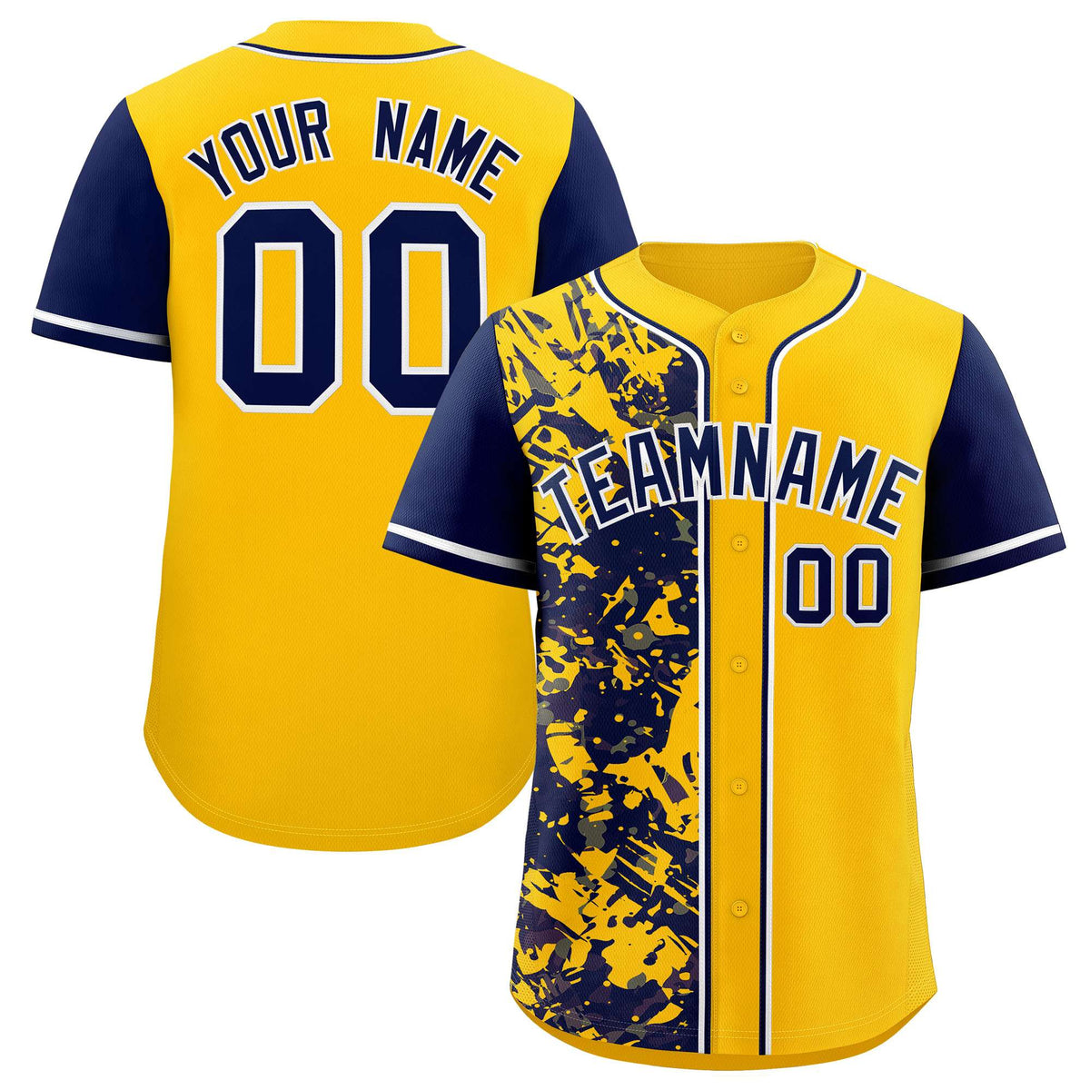 Custom Yellow Navy Split Personalized Graffiti Raglan Sleeve Authentic Baseball Jersey