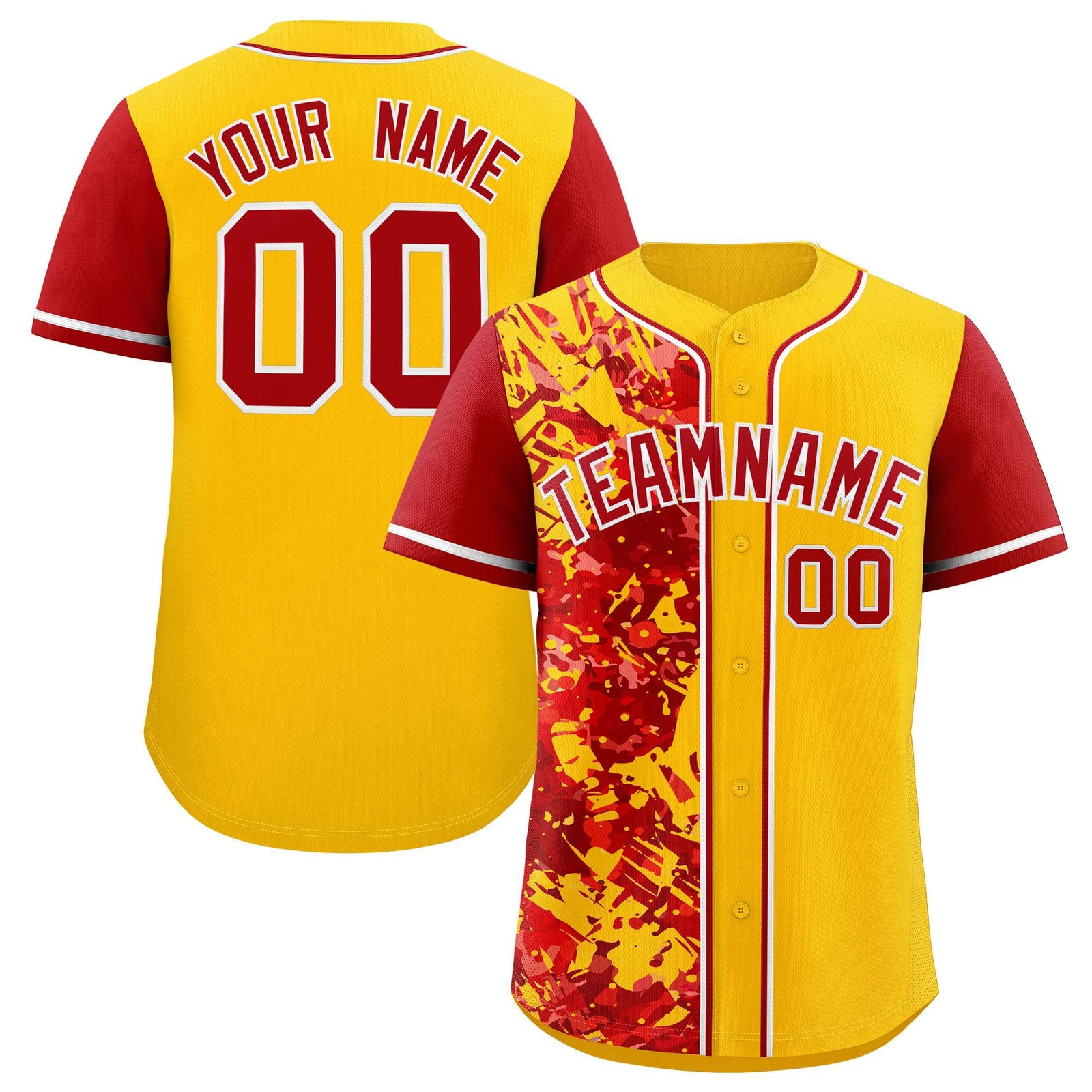 Custom Yellow Red Split Personalized Graffiti Raglan Sleeve Authentic Baseball Jersey