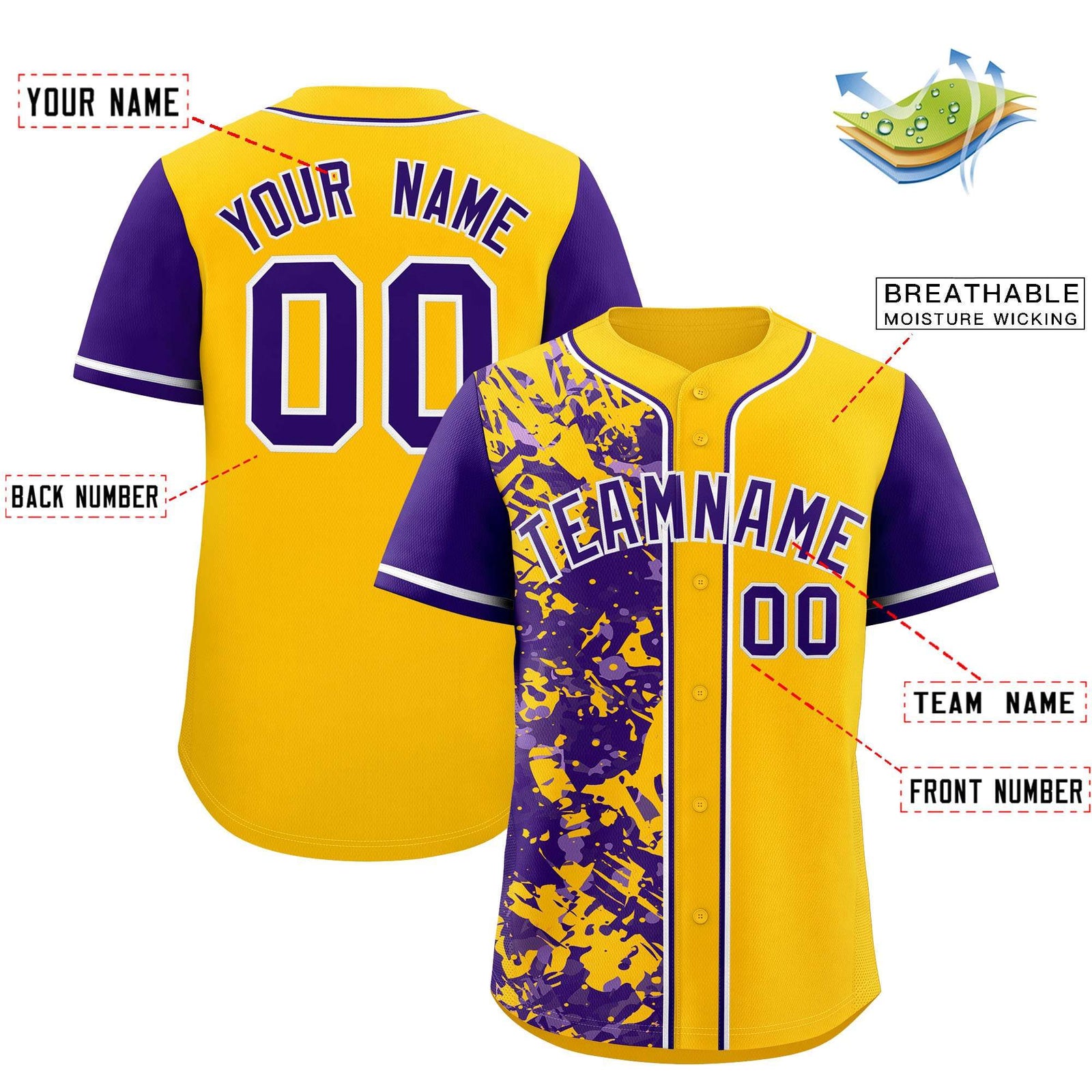Custom Yellow Purple Split Personalized Graffiti Raglan Sleeve Authentic Baseball Jersey
