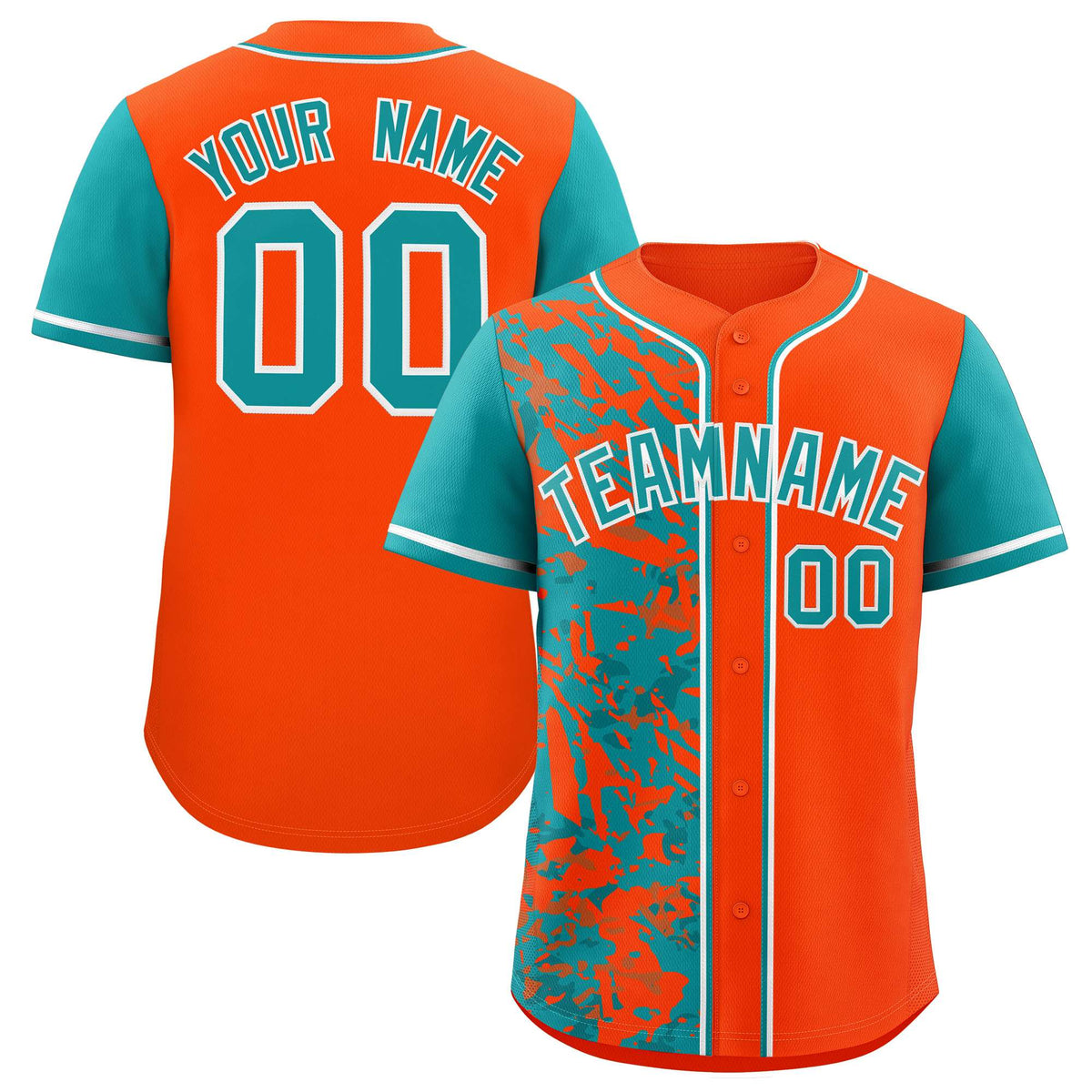 Custom Orange Aqua Split Personalized Graffiti Raglan Sleeve Authentic Baseball Jersey