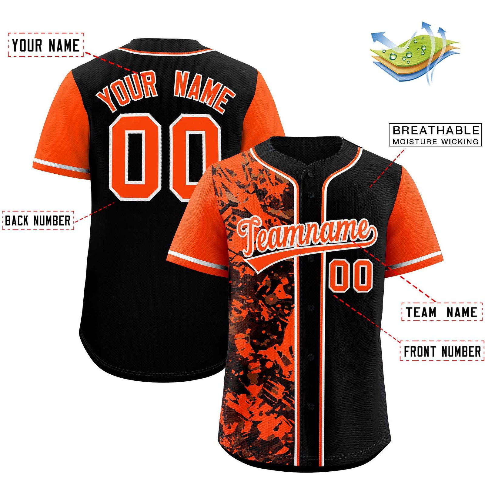 Custom Black Orange Split Personalized Graffiti Raglan Sleeve Authentic Baseball Jersey