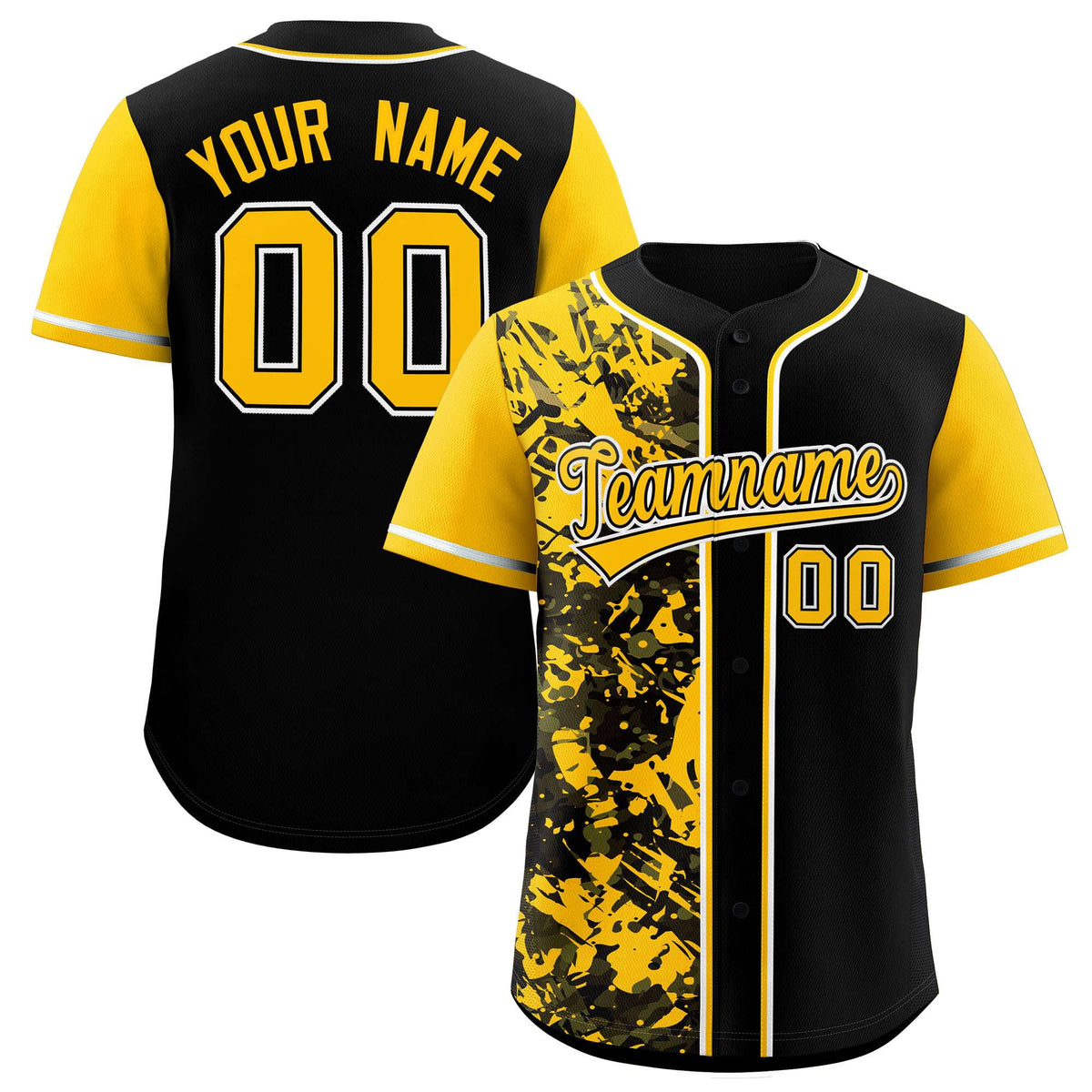 Custom Black Yellow Split Personalized Graffiti Raglan Sleeve Authentic Baseball Jersey