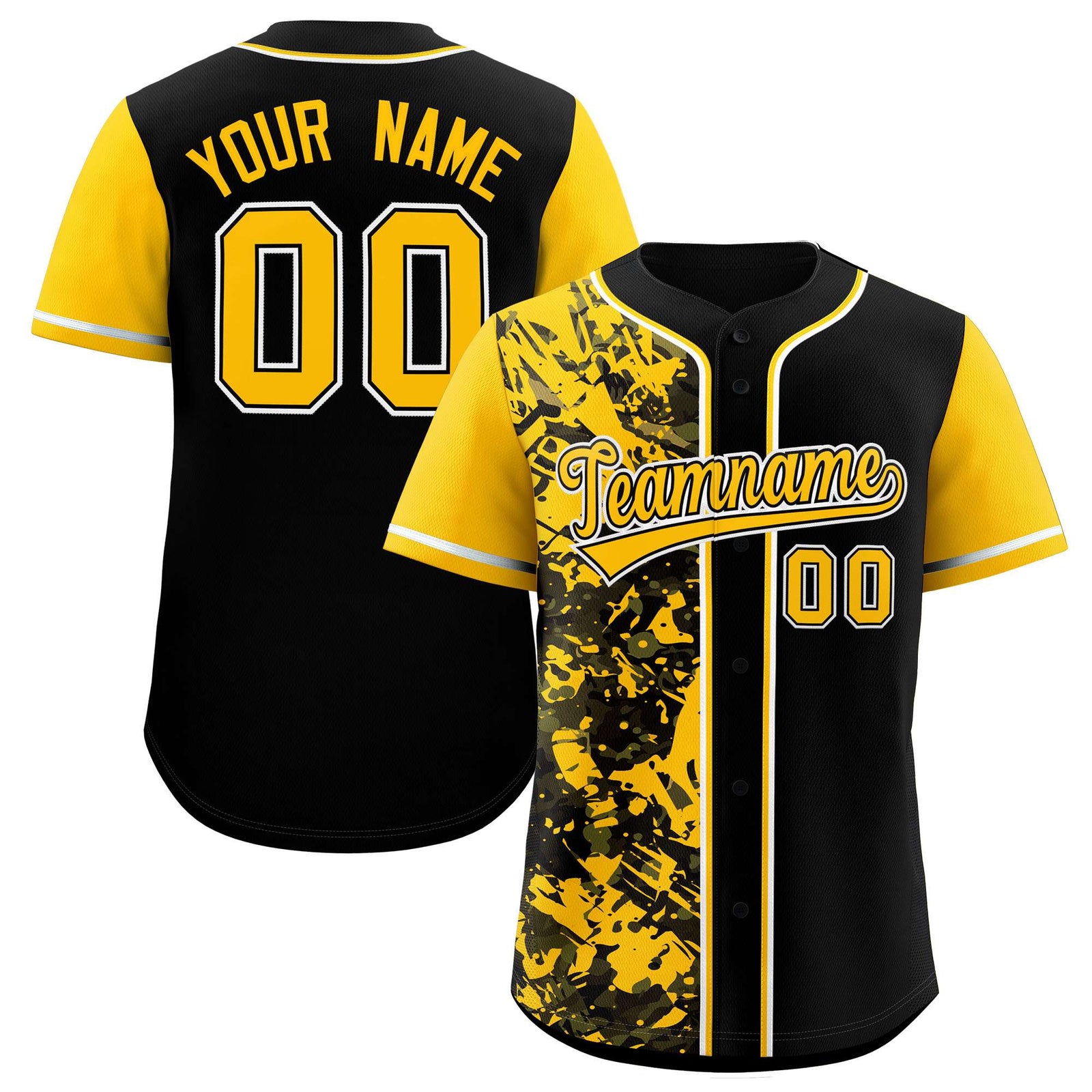 Custom Black Yellow Split Personalized Graffiti Raglan Sleeve Authentic Baseball Jersey