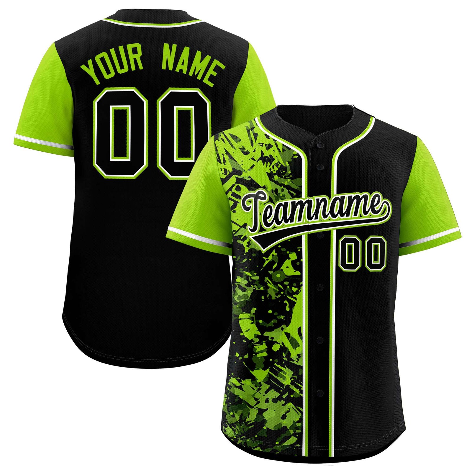 Custom Black Neon Green Split Personalized Graffiti Raglan Sleeve Authentic Baseball Jersey